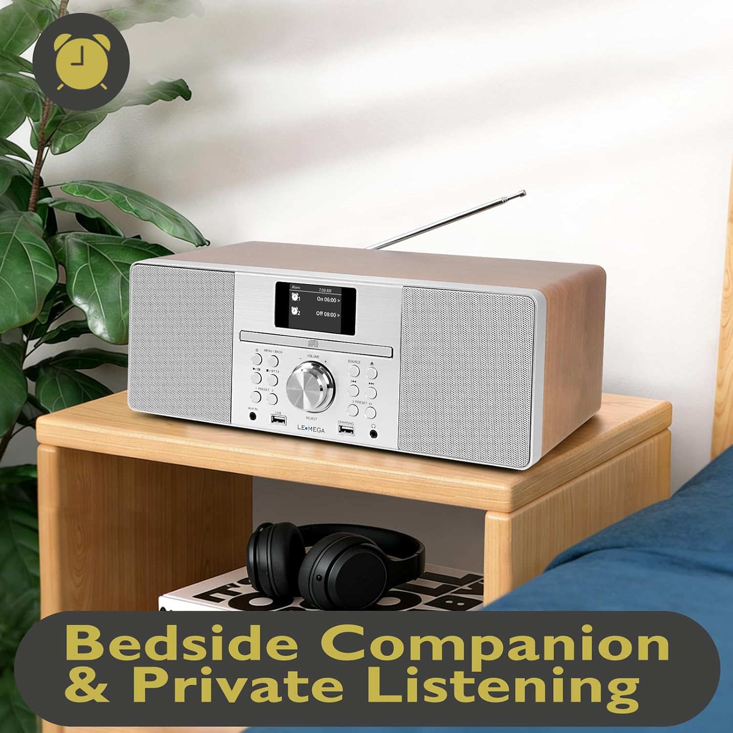 LEMEGA MSY1+ CD Player with FM Radio, Bluetooth Streaming, 80W Stereo HiFi System, Full Colour Display, 30 Presets, Remote Control, Acoustic Wooden Cabinet - Dark Walnut