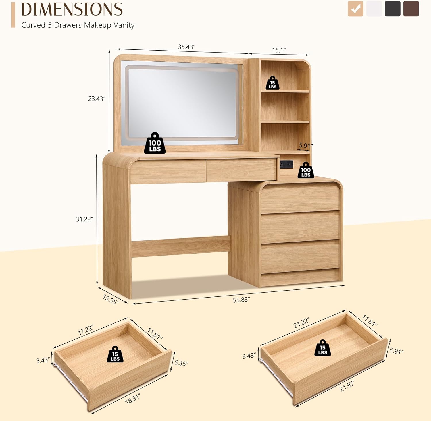 Aitjunz Vanity Desk with Mirror and Lights, 50” Modren Makeup Vanity with 35.43