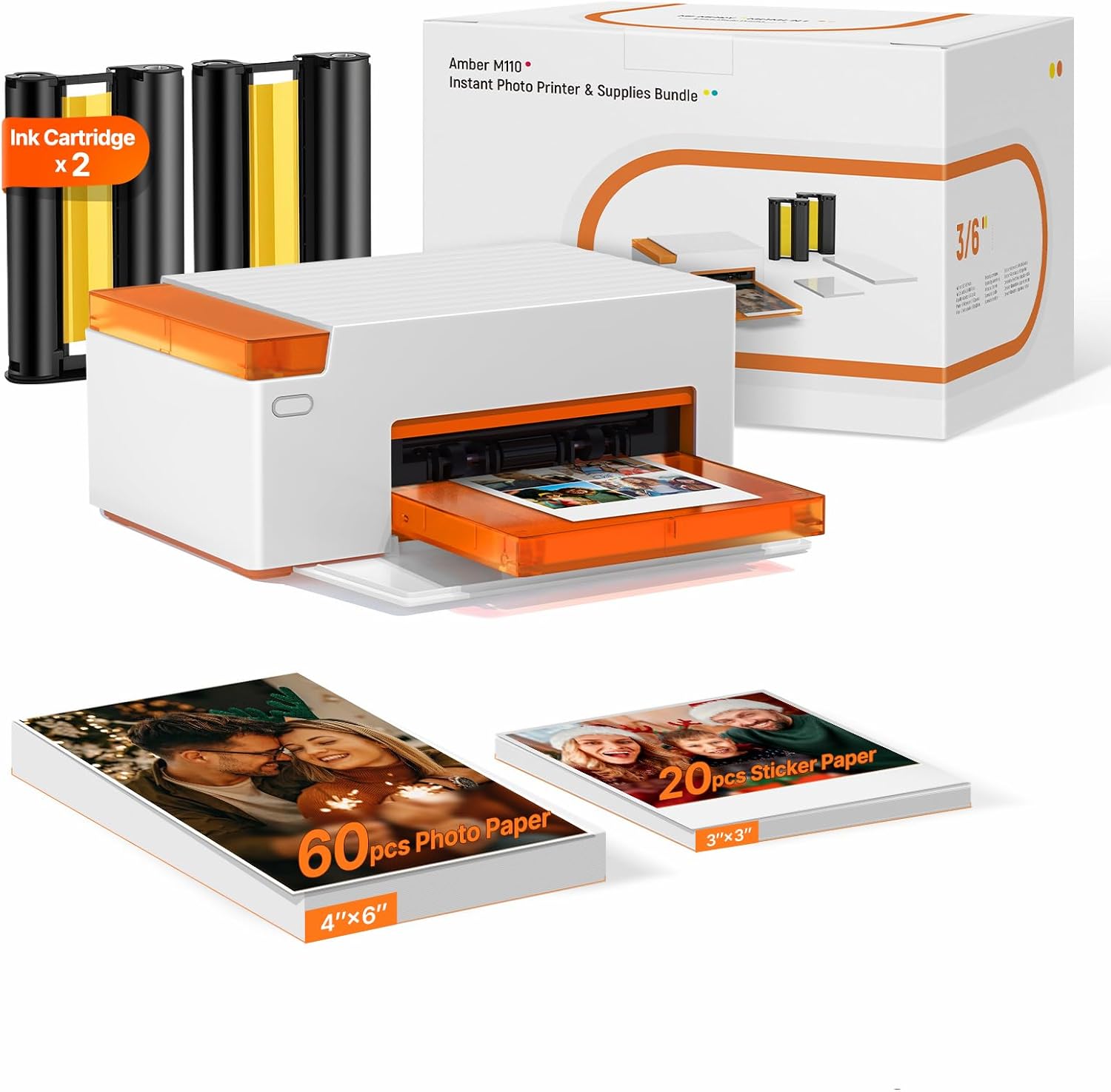 Liene Amber M110 Bluetooth Photo Printer 80 Sheets, Portable Photo Printer for iPhone, Thermal Dye Sublimation, Picture Printer 60 Sheets 4x6 Paper & 20 Sheets 3