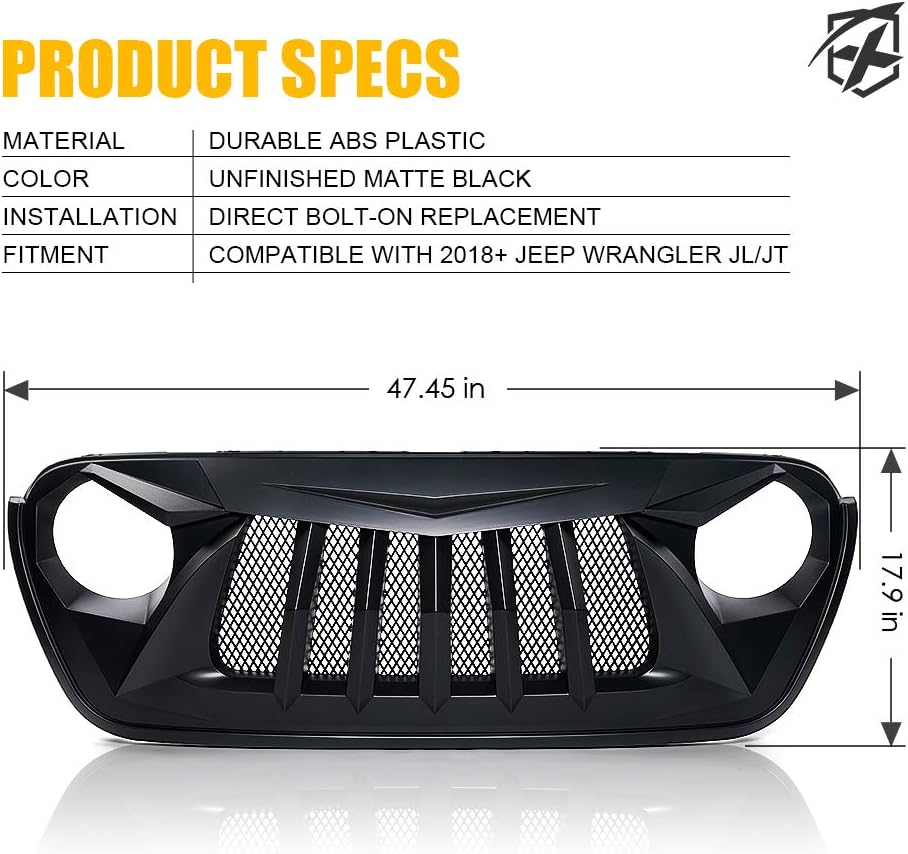 Xprite Matte Black Front Grille Grid Grill w/Mesh Compatible with 2018-2021 Jeep Wrangler JL JT - Black Widow Series