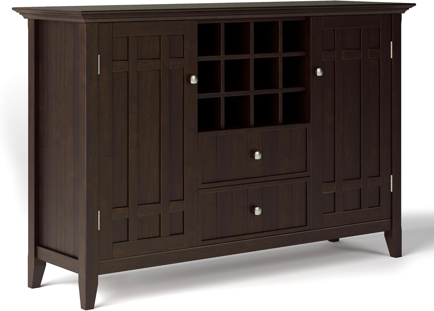 SIMPLIHOME Bedford Buffet - 54 inch Wide Solid Wood 3-Door Sideboard Buffet with Wine Rack in Dark Chestnut Brown, Transitional Cabinet for Dining Room or Kitchen with Adjustable Shelves