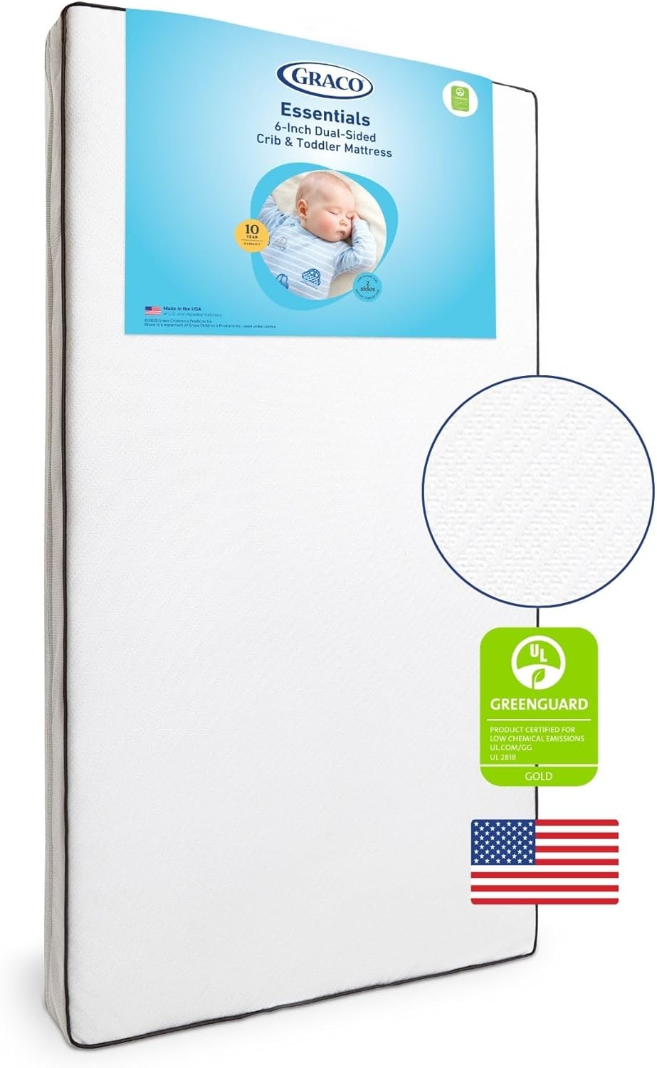 Graco Essentials 6-Inch Dual-Sided Crib & Toddler Mattress — Made in the USA, Firm Support for Infants & Toddlers, GREENGUARD Gold Certified Baby Crib Mattress, Premium Removable Soft Waterproof Cover