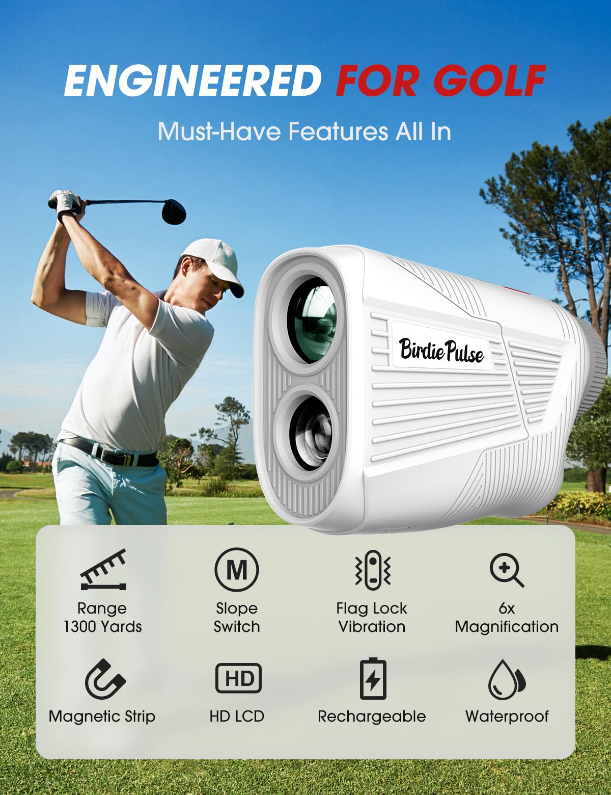 BIRDIEPULSE Golf Rangefinder with Slope & Magnet - 1300 Yards