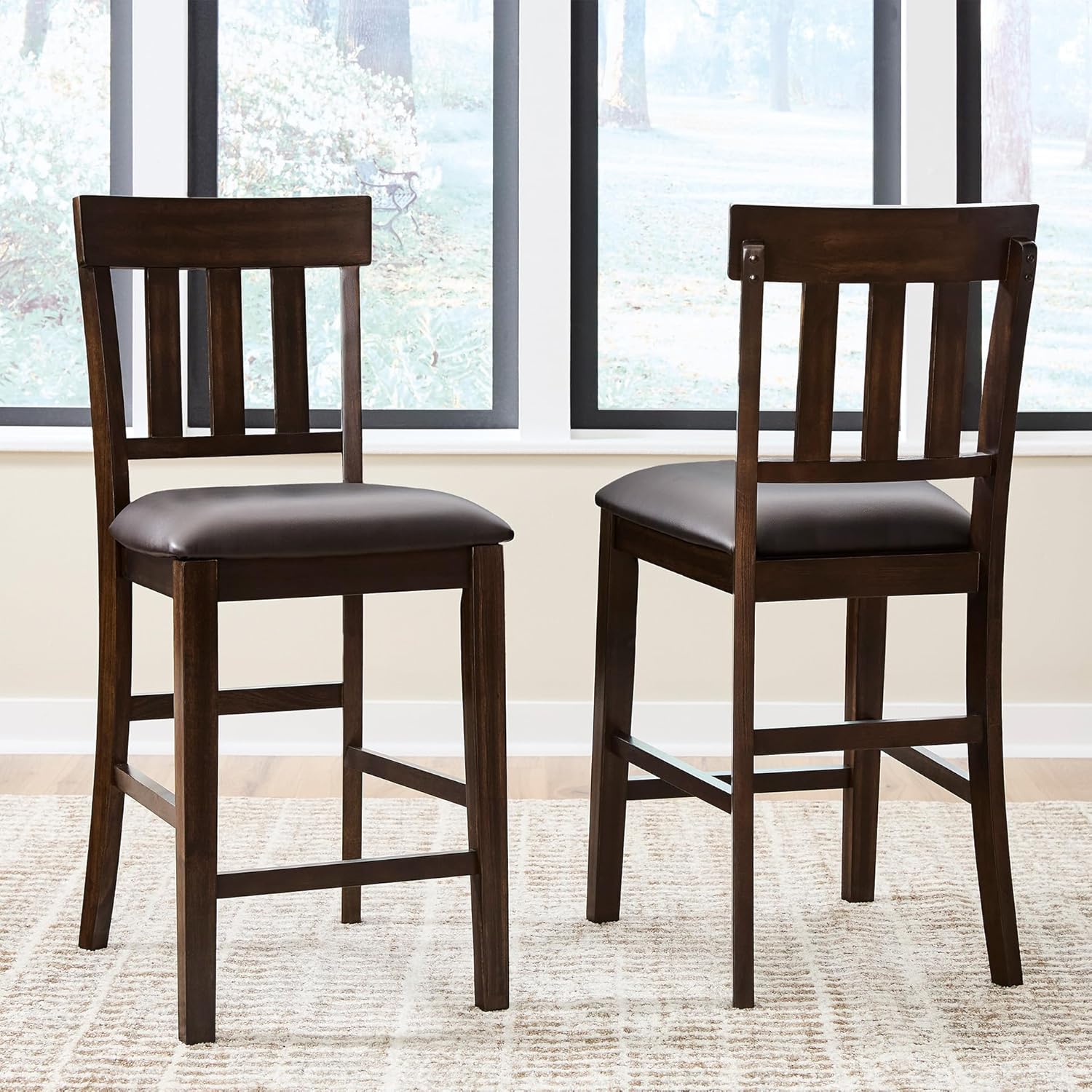 Signature Design by Ashley Haddigan Upholstered Barstool, 2 Count, Slat Back Design, Cushioned Seat, Wood, 25.5