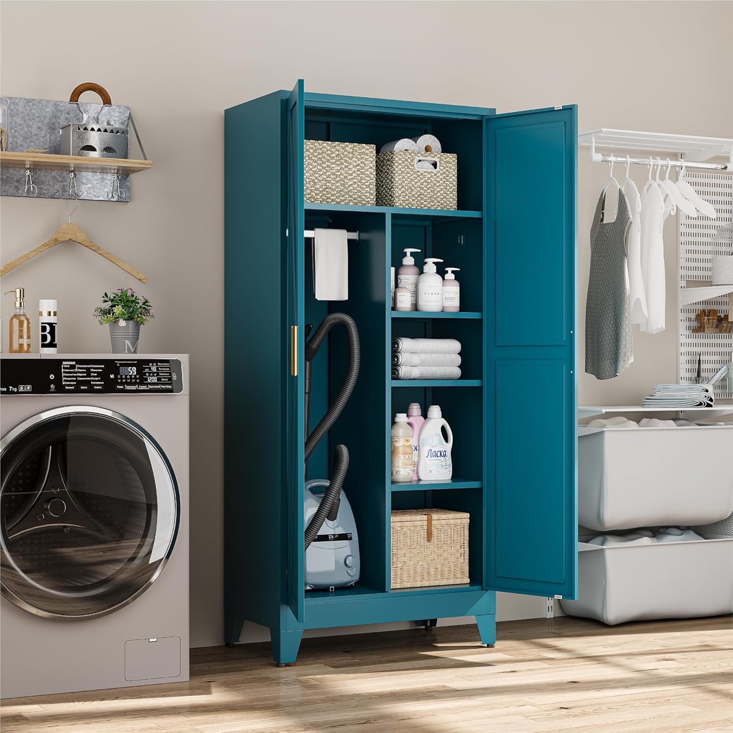 Metal Combination Cabinet, Utility Storage Cabinet with 4 Shelves, Farmhouse Pantry Closet with Doors, 71