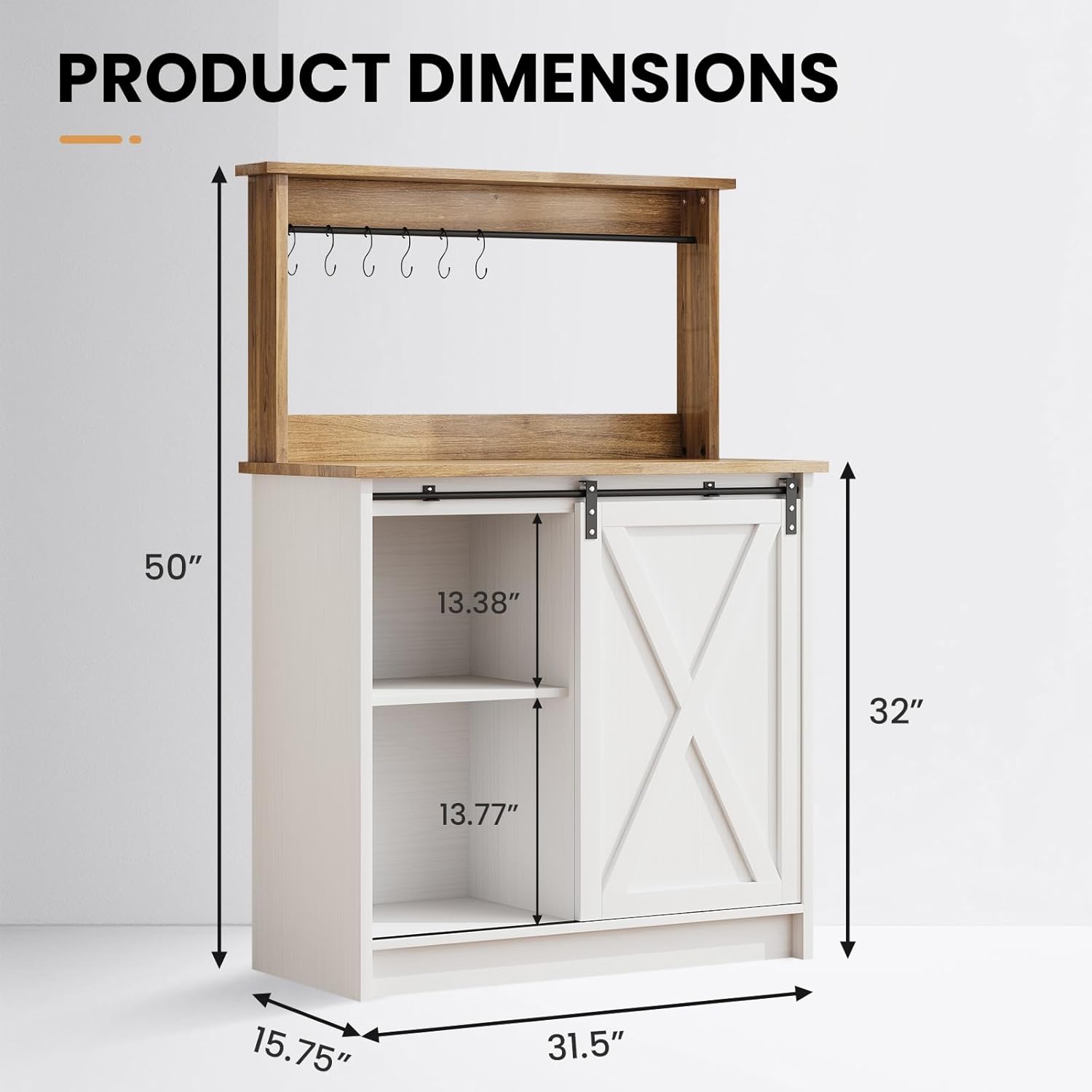 Farmhouse Coffee Bar with Hutch, White Coffee Bar Cabinet with Storage Sliding Barn Door, 31 Inch Buffet Cabinet with 6 Hooks, Coffee Bar Table with Adjustable Shelves for Living Dining Room