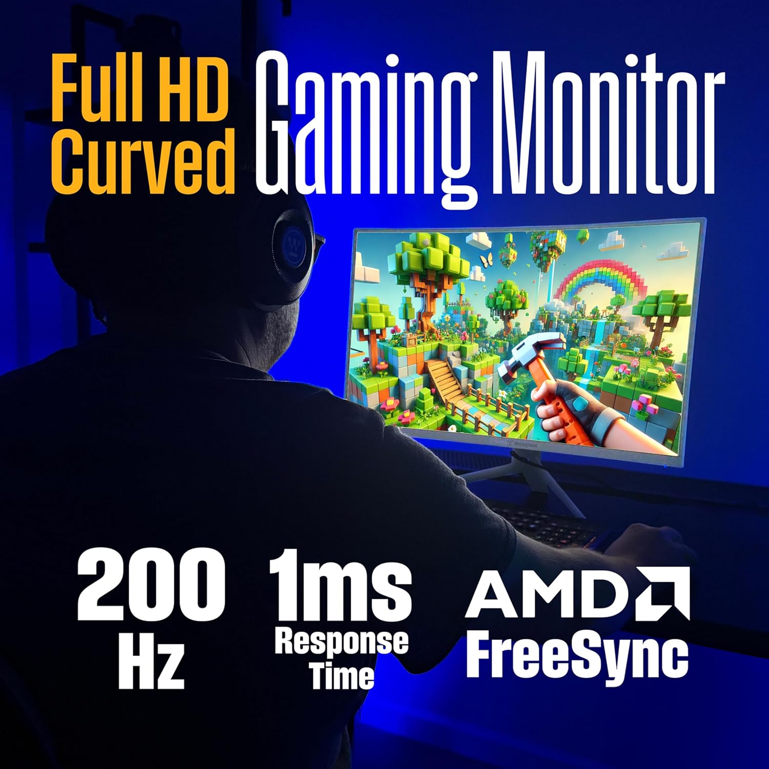 Westinghouse 27 Inch Curved Gaming Monitor, 200Hz, 1ms, FHD 1080P, 3000:1 Contrast Ratio, 118% sRGB, 1500R, AMD FreeSync, Eyecare, for PC Games with Built-in Speakers, DisplayPort, HDMIx2-White