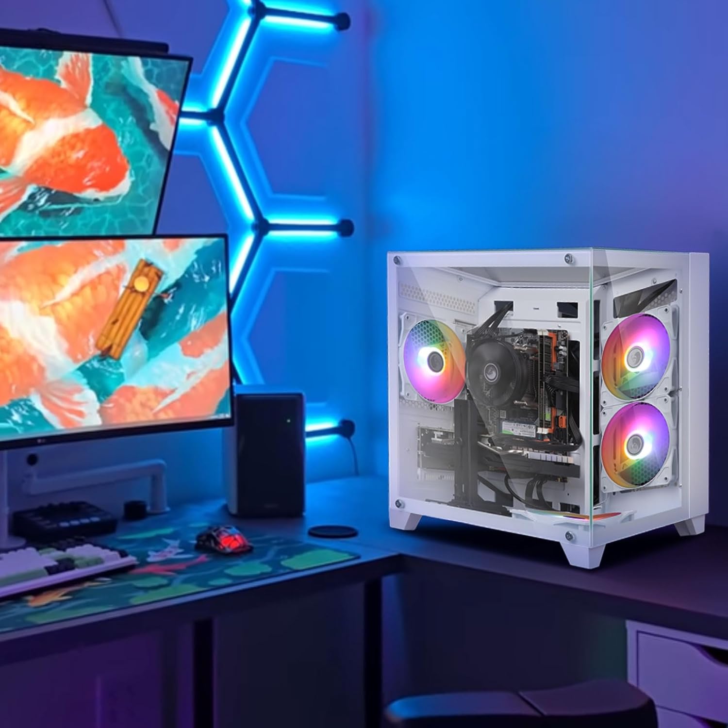 Gaming PC Desktop, Intel i7-4770, Radeon RX 550 4G, 16GB RAM, 512GB SSD, RGB Fans, White Prebuilt Gaming Computer with Keyboard & Mouse, Windows 11
