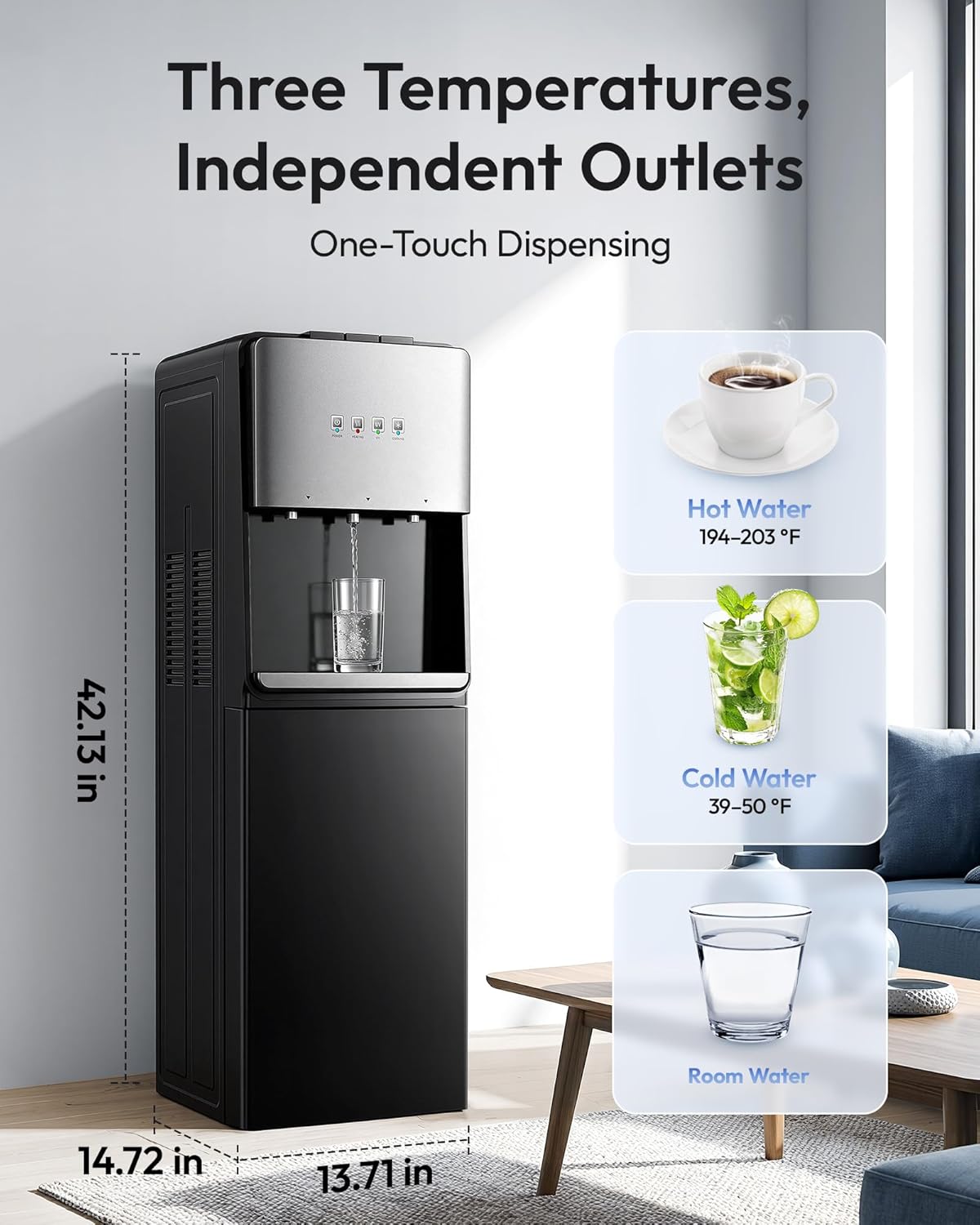 Euhomy Self-Cleaning Bottom-Loading Water Dispenser, Compatible with 5 Gallon Bottles - 3 Temperature Settings with Hot, Room & Cold Water Outlets, Childproof Lock, Night Light & LED Display .Black