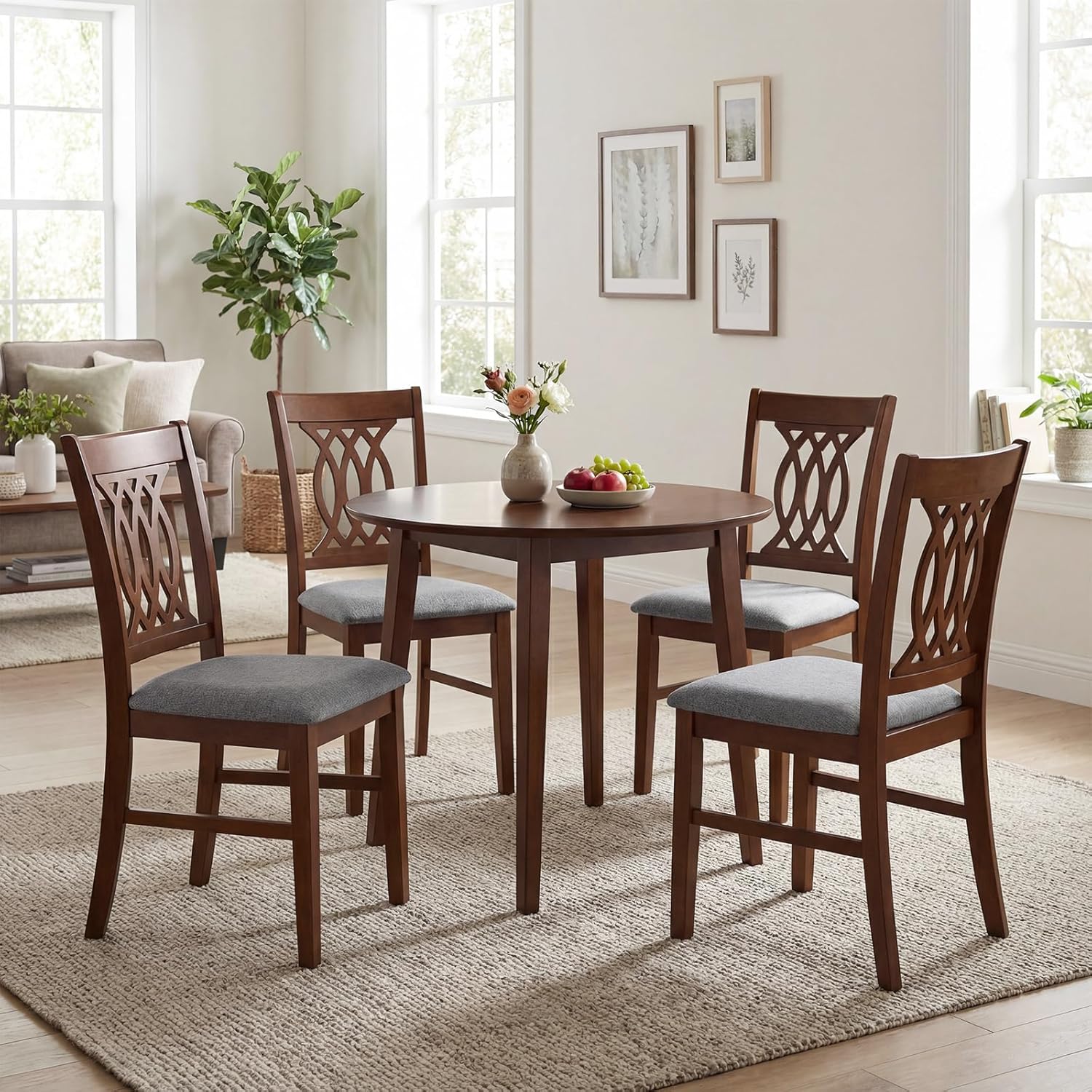 Giantex Upholstered Dining Chairs Set of 4, Farmhouse Fabric Side Chairs w/Cushioned Seats, Patterned Backrests, Sturdy Rubber Wood Frames, Wooden Accent Chairs for Kitchen, Dining Room