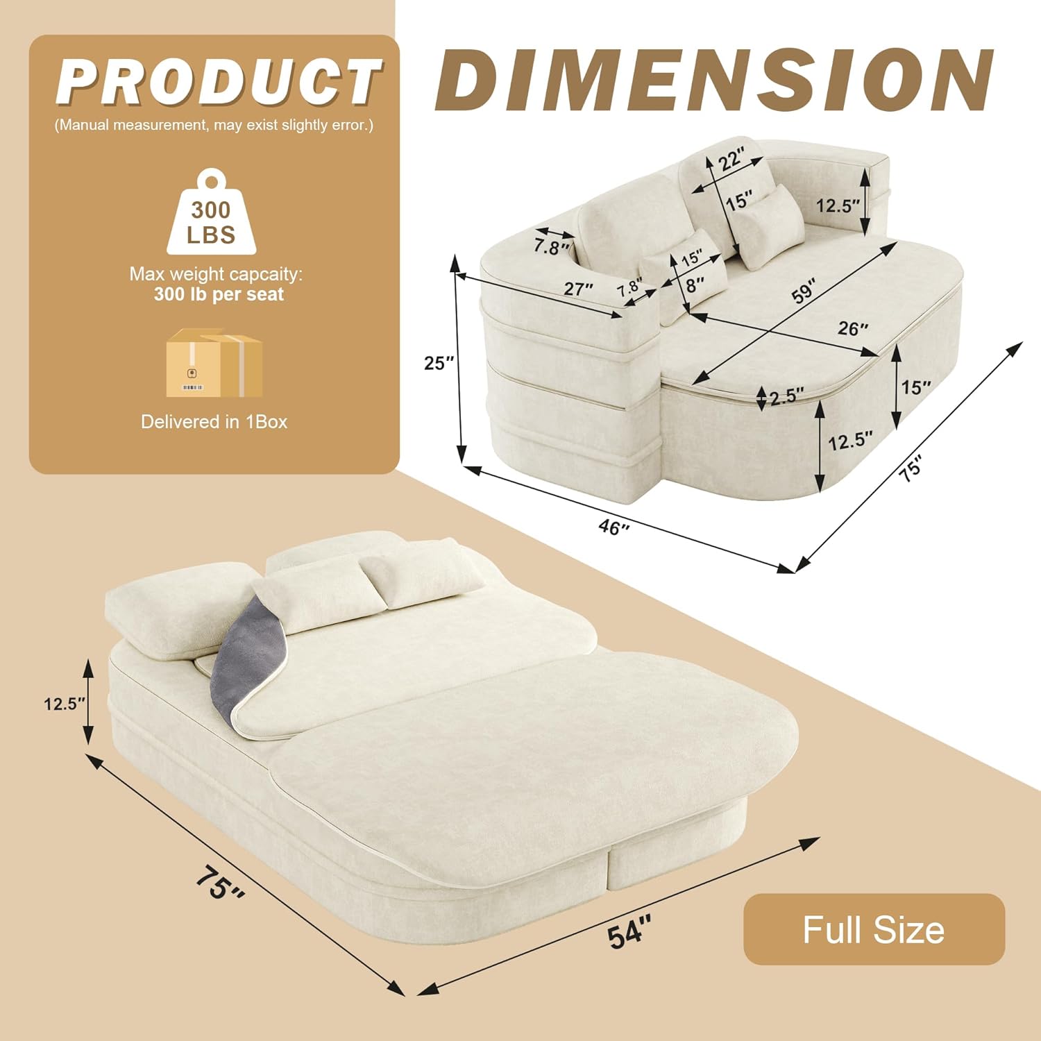 75'' Folding Sleeper Sofa Bed, Convertible Memory Foam Boneless Couch, Foldable Full Size Guest Bed, Modern 2-in-1 Futon Floor Sleeper Sofa with 4 Pillows and Blanket (Chenille, Beige1)