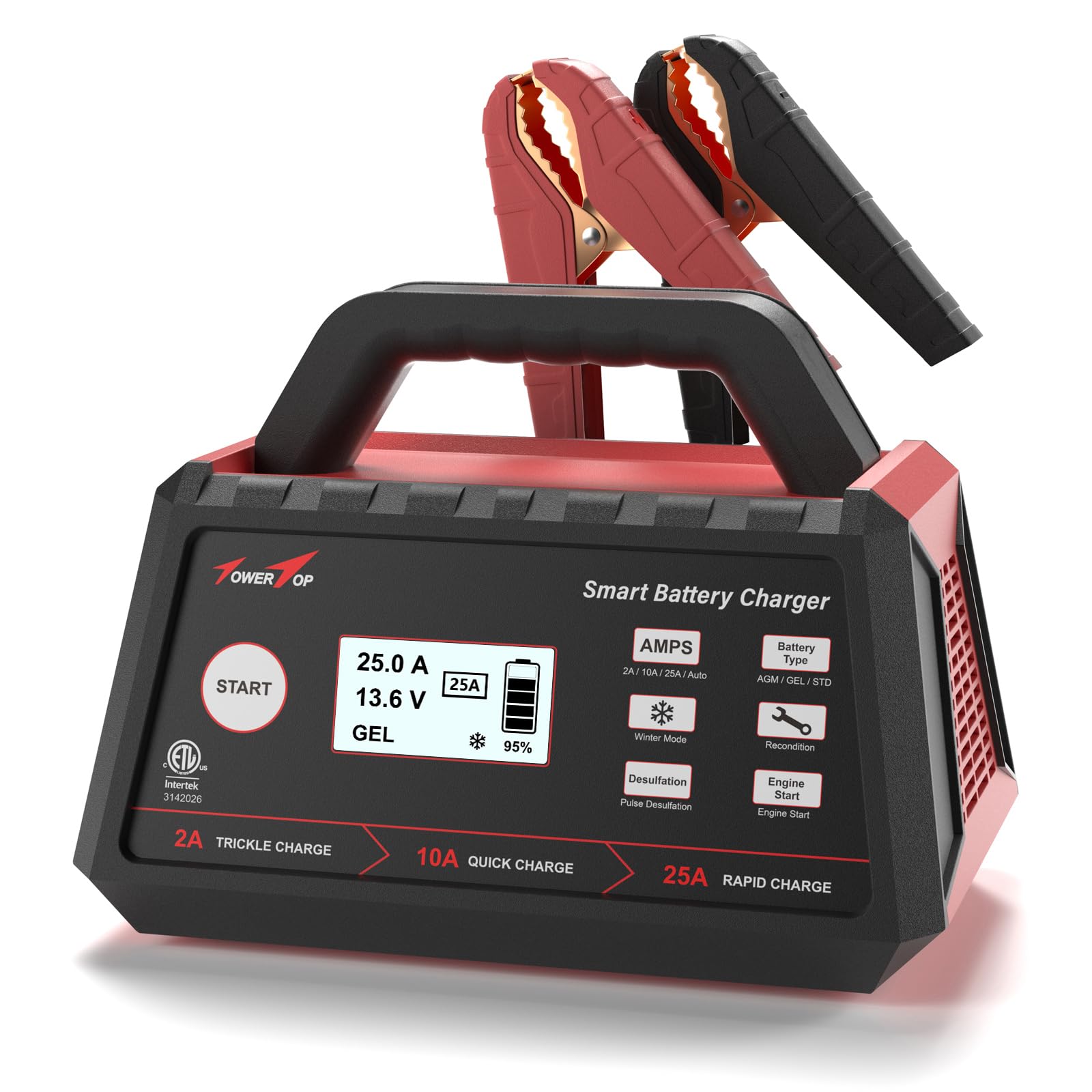 TOWERTOP 12V Smart Car Battery Charger & Maintainer 2/10/25A