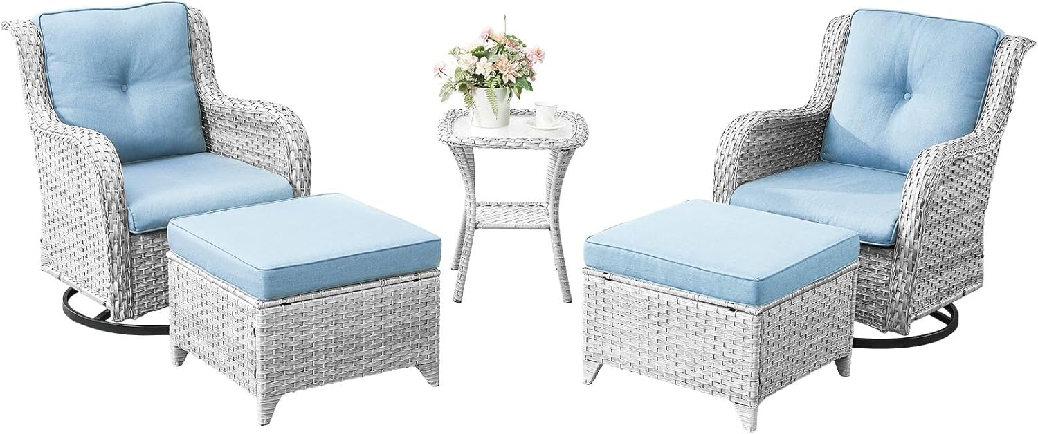 5 Piece Patio Swivel Rocker Furniture Set: Outdoor Swivel Glider Wicker Chairs with Ottomans Side Table, Outdoor Furniture Rocking Seating Set for Porch Balcony Garden, Light Grey
