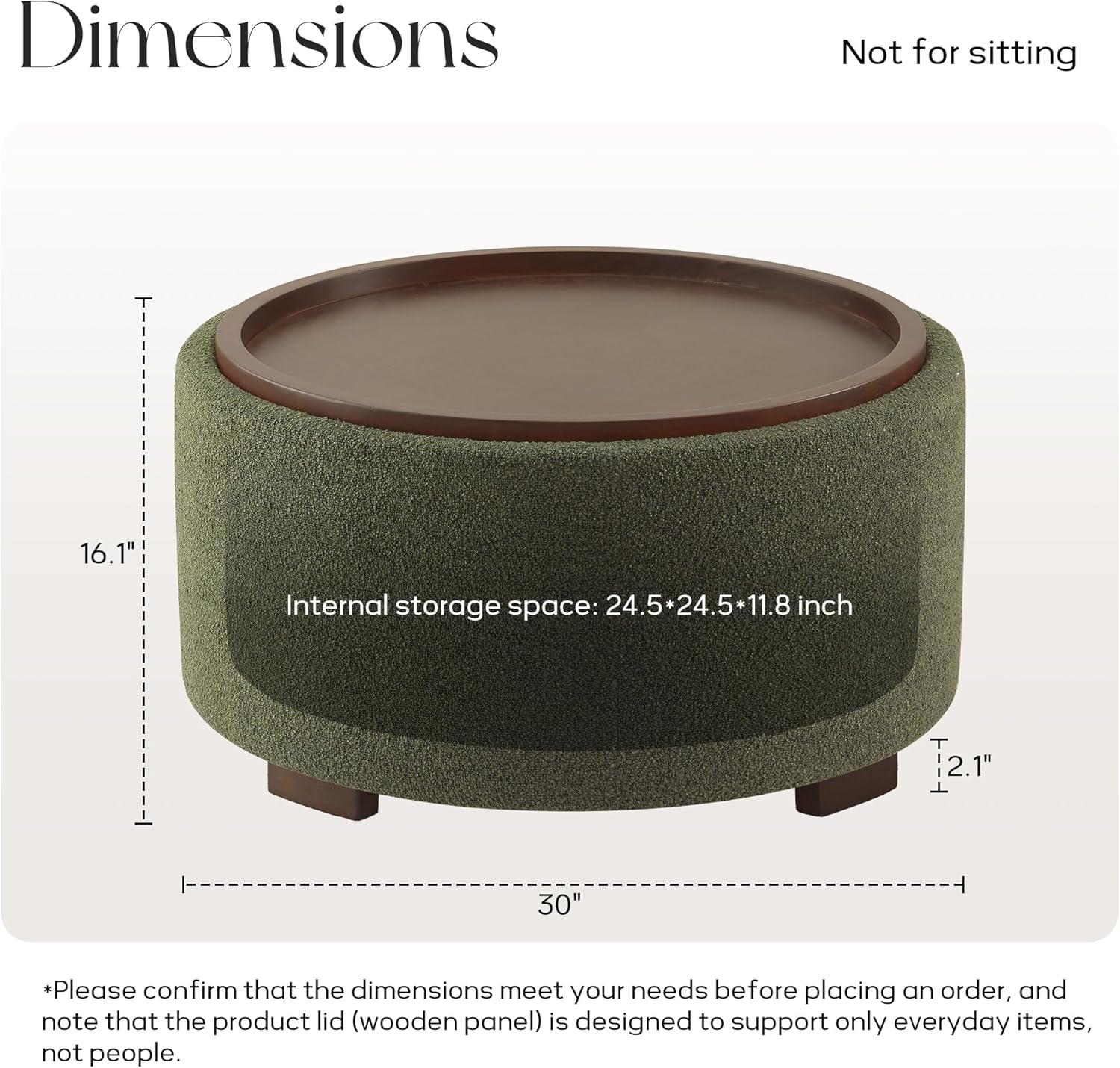 Zihanhome 30 Inch Round Storage Ottoman Coffee Table, Modern Boucle Ottoman with Lift-Off Lid and Solid Wood Legs for Living Room, Bedroom, Corners, Apartments (Green)