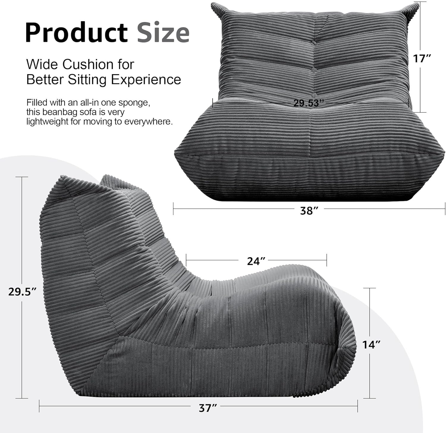 Bean Bag Chairs for Adults Giant Bean Bag Chair Memory Foam BeanBag Chair Bean Bag Sofa with Filler Faux Fur Fireside Beanbags Lazy Sofa for Living Room Bedroom Office (Grey Corduroy, Single)