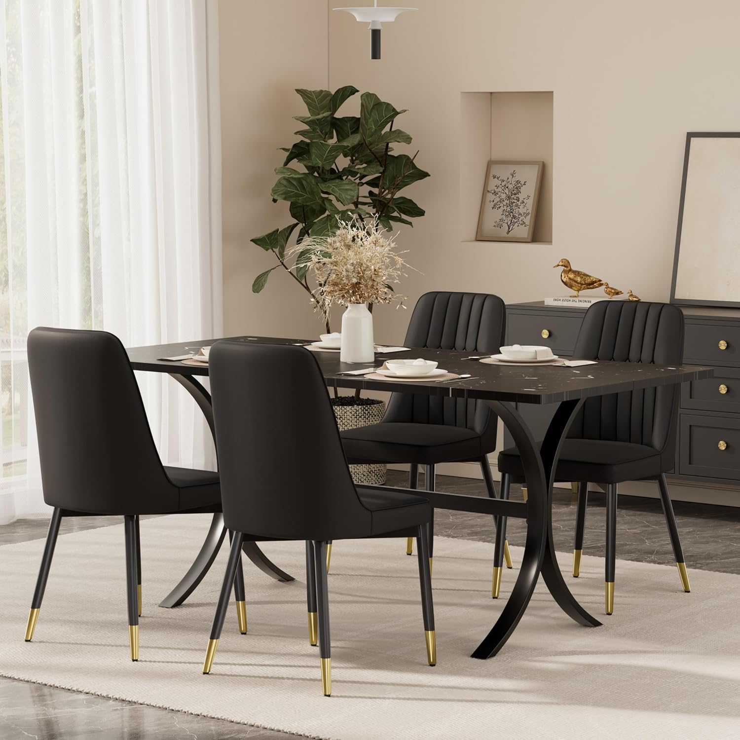 63'' Modern Dining Table Set for 4, Black Kitchen Table Set with Faux Marble Tabletop and Geometric Metal Legs, Dining Room Table Set with 4 Black Upholstered Chairs, 5-Piece Dining Furniture