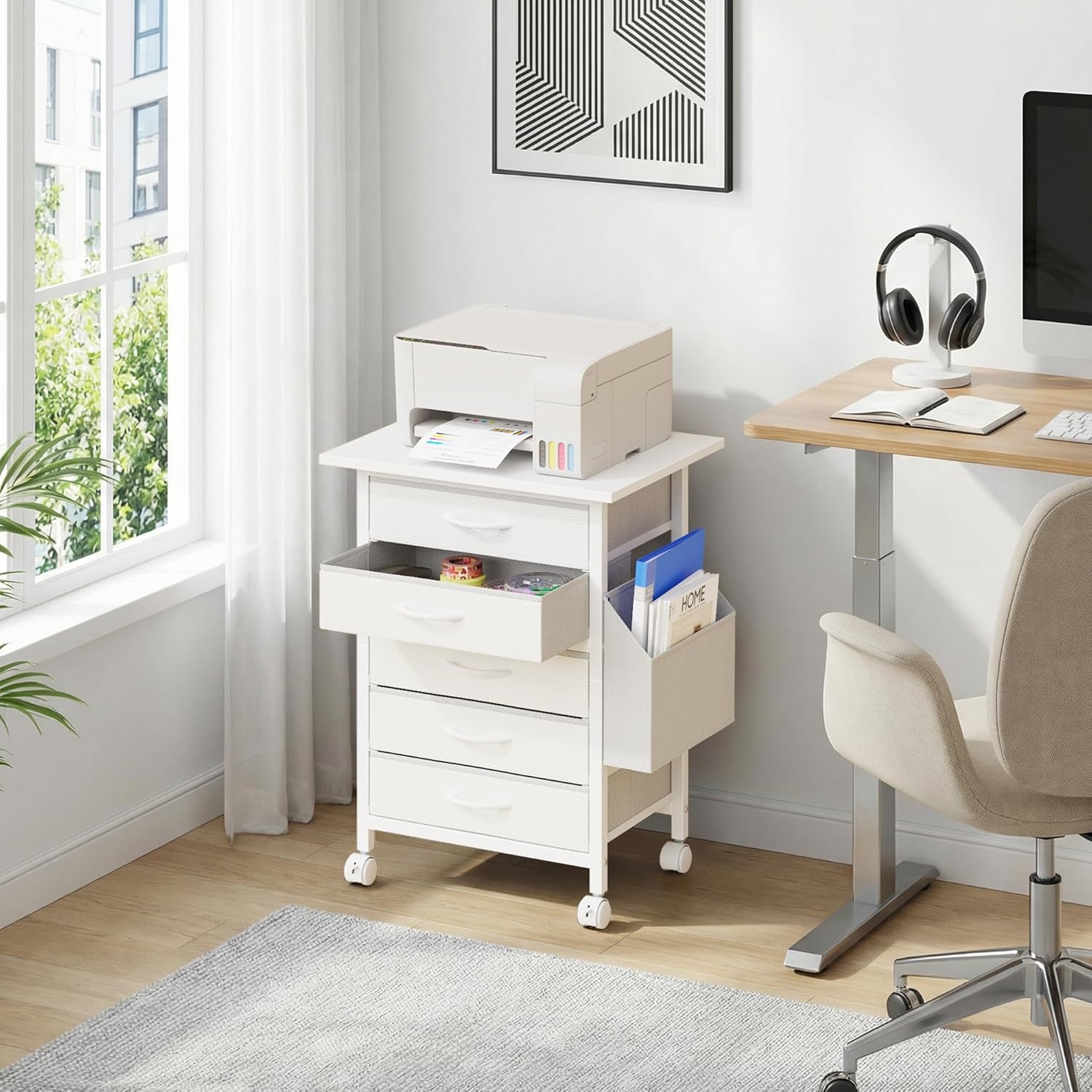 HIGDBFE 5 Fabric Drawers File Cabinet with Side Pocket, Rolling Printer Stand with Storage for Home Office, Wood Top Storage Cabinet for Documents and Crafts, White, 15