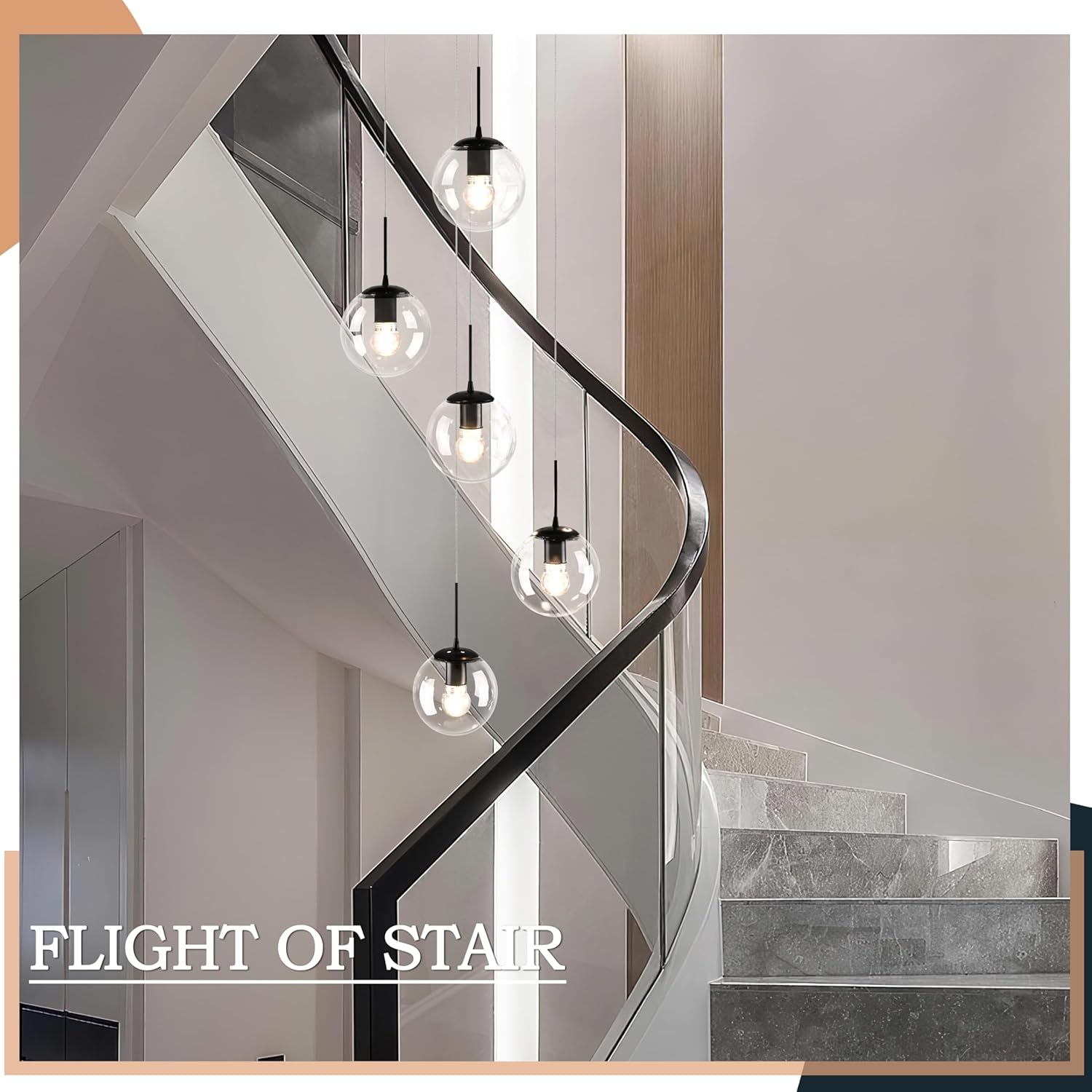 KoKo&Yukina 5-Light Black Clear Globe Glass Chandelier Globe Glass Pendant Light Adjustable Length Pendant Lights Modern High Ceiling Lights Fixtures for Foyer Staircase Entryway (Bulb & Remote Incl)