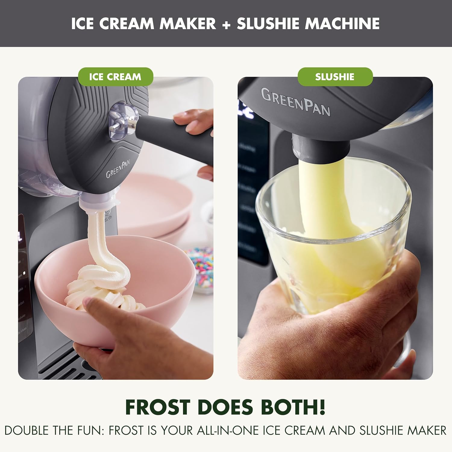 GreenPan Frost Ice Cream Maker & Slushie Machine, Soft Serve, Sorbet, Margaritas, Milkshakes, Frozen Yogurt, No Pre-Freezing, Ready in 15 Mins, 6 Modes, 7 Textures, Self-Cleaning, Family Size, Gray