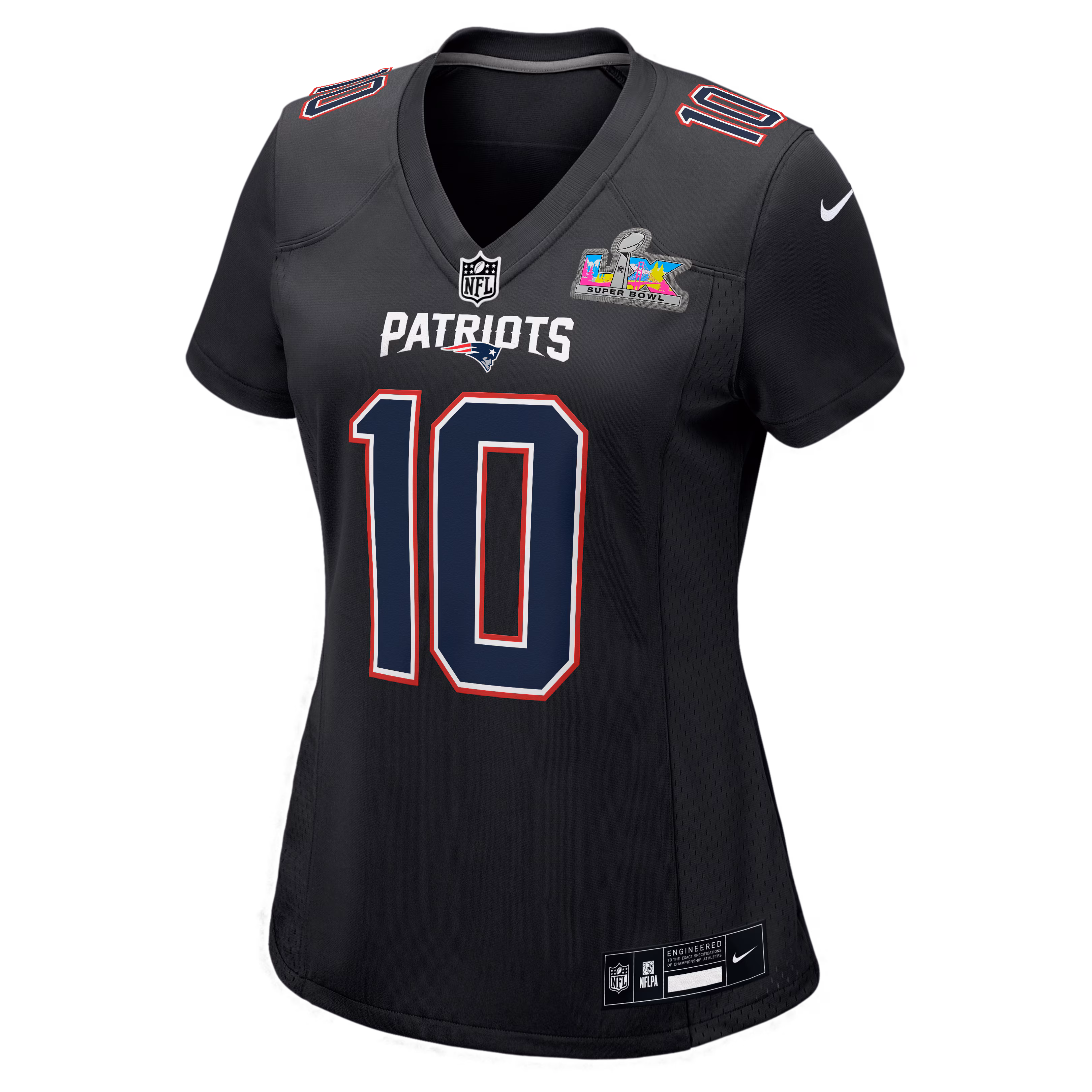 Drake Maye New England Patriots Nike Women's Super Bowl LX Patch Carbon Fashion Game Jersey - Black