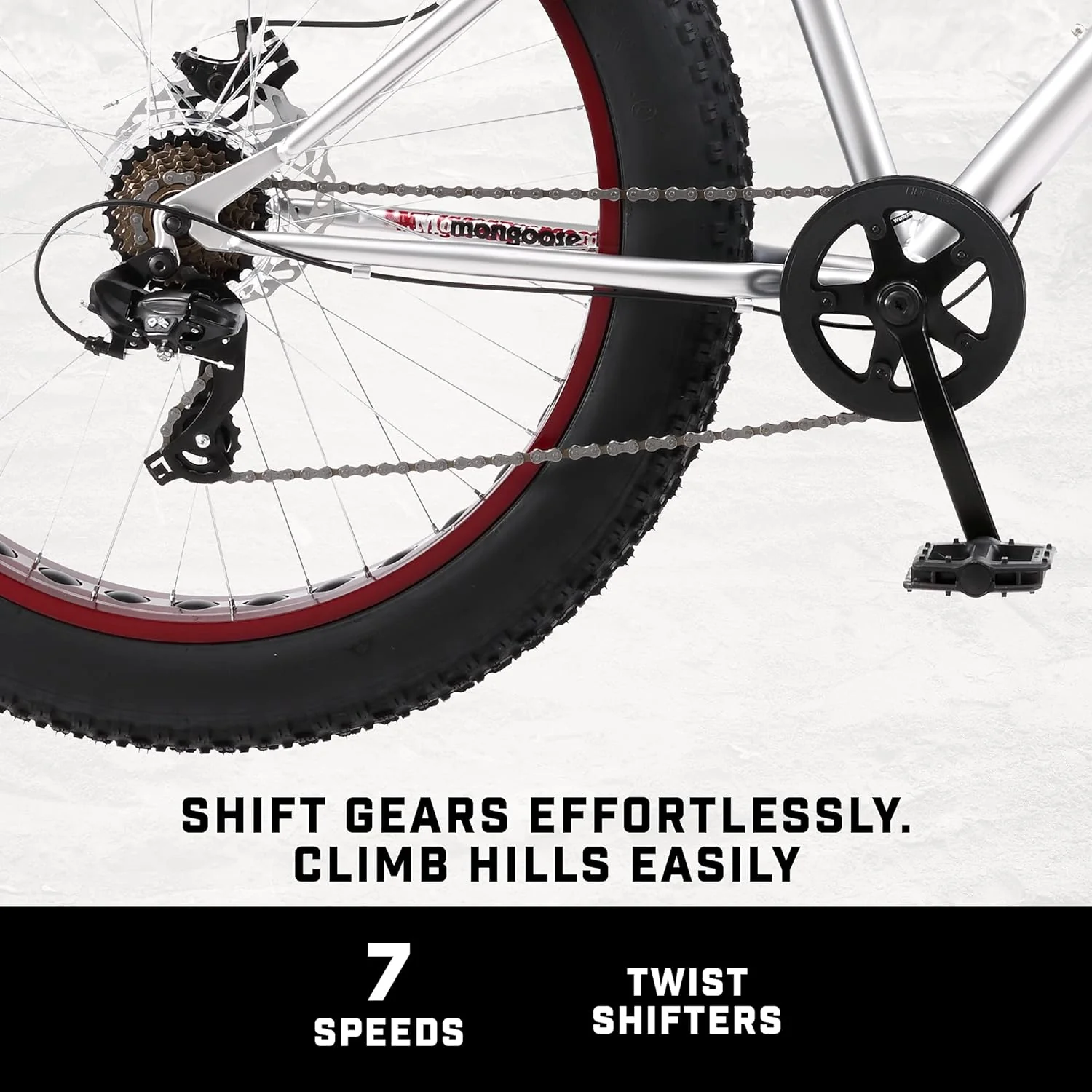Mongoose Malus Mens and Women Fat Tire Mountain Bike, 26-Inch Bicycle Wheels, 4-Inch Wide Knobby Tires, Steel Frame, 7 Speed Drivetrain, Shimano Rear Derailleur, Disc Brakes