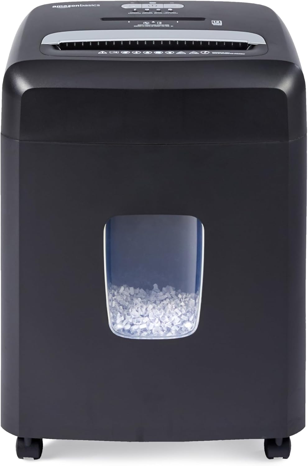 Amazon Basics 12 Sheet High Security Micro Cut Paper, Credit Card and CD Shredder with 6 Gallon Easy Emptying Bin, Casters, Black