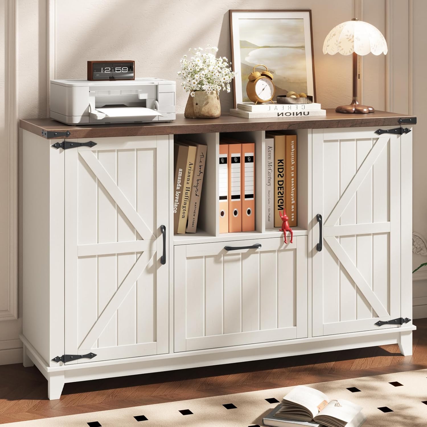 Lateral File Cabinet with File Drawer, Farmhouse Filing Cabinet with Storage Shelves for Legal/A4/Letter Size Hanging Files, Large Modern Printer Stand for Home Office (Rustic White and Brown)