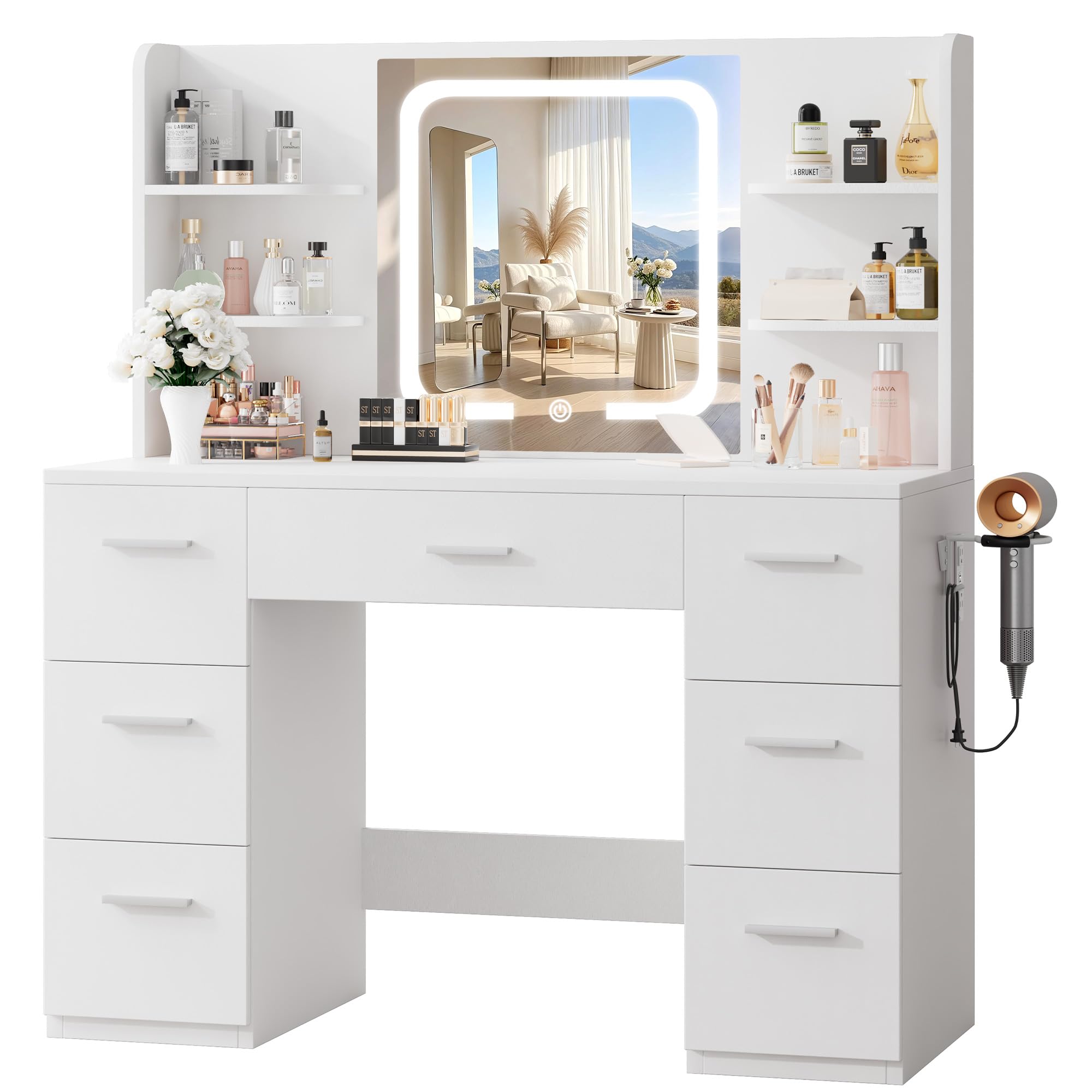 LIVELYGLOW White Makeup Vanity Desk with LED Mirror & Power Station