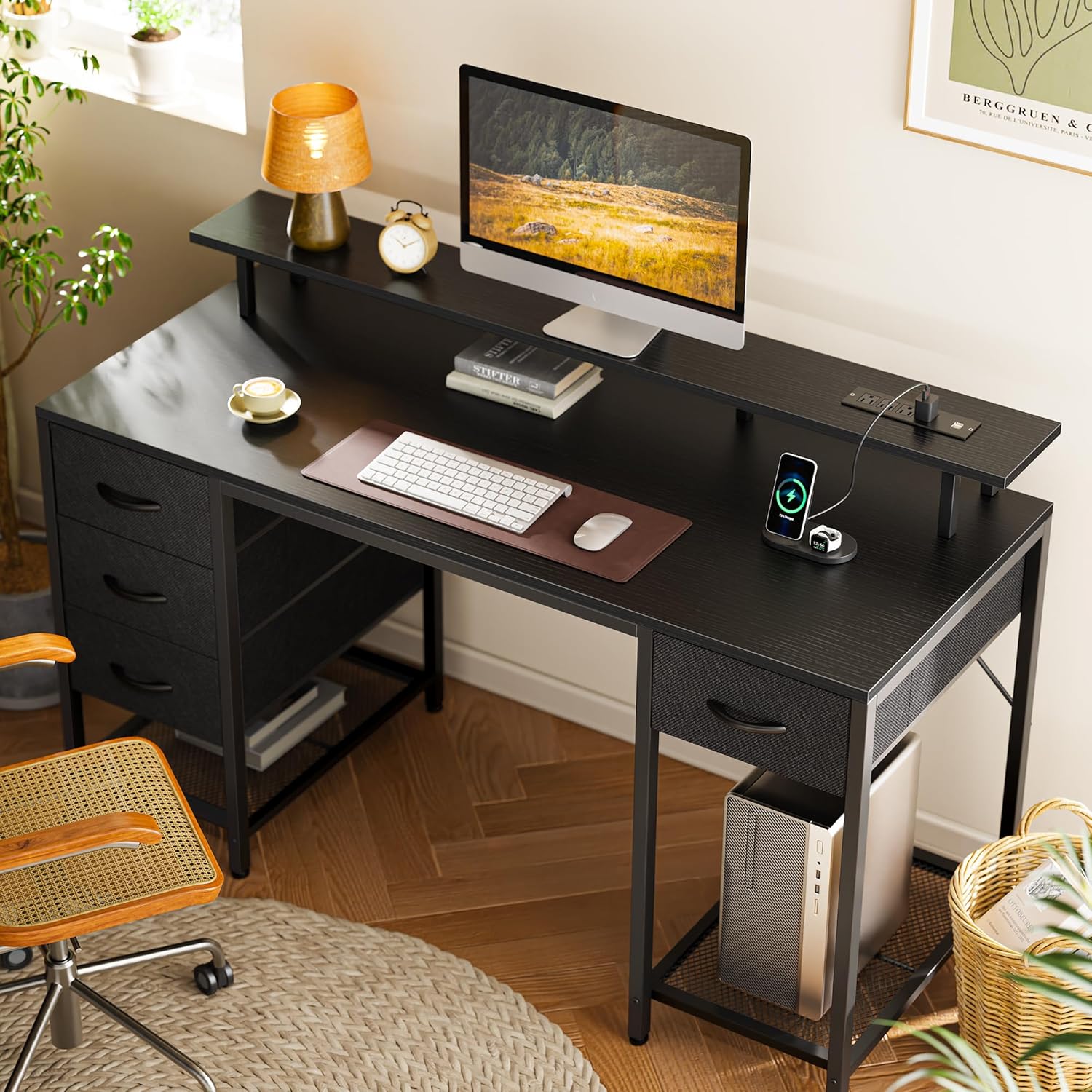 Huuger 55 inch Computer Desk with 4 Drawers, Gaming Desk with LED Lights & Power Outlets, Home Office Desk with Large Storage Space for Bedroom, Work from Home, Black