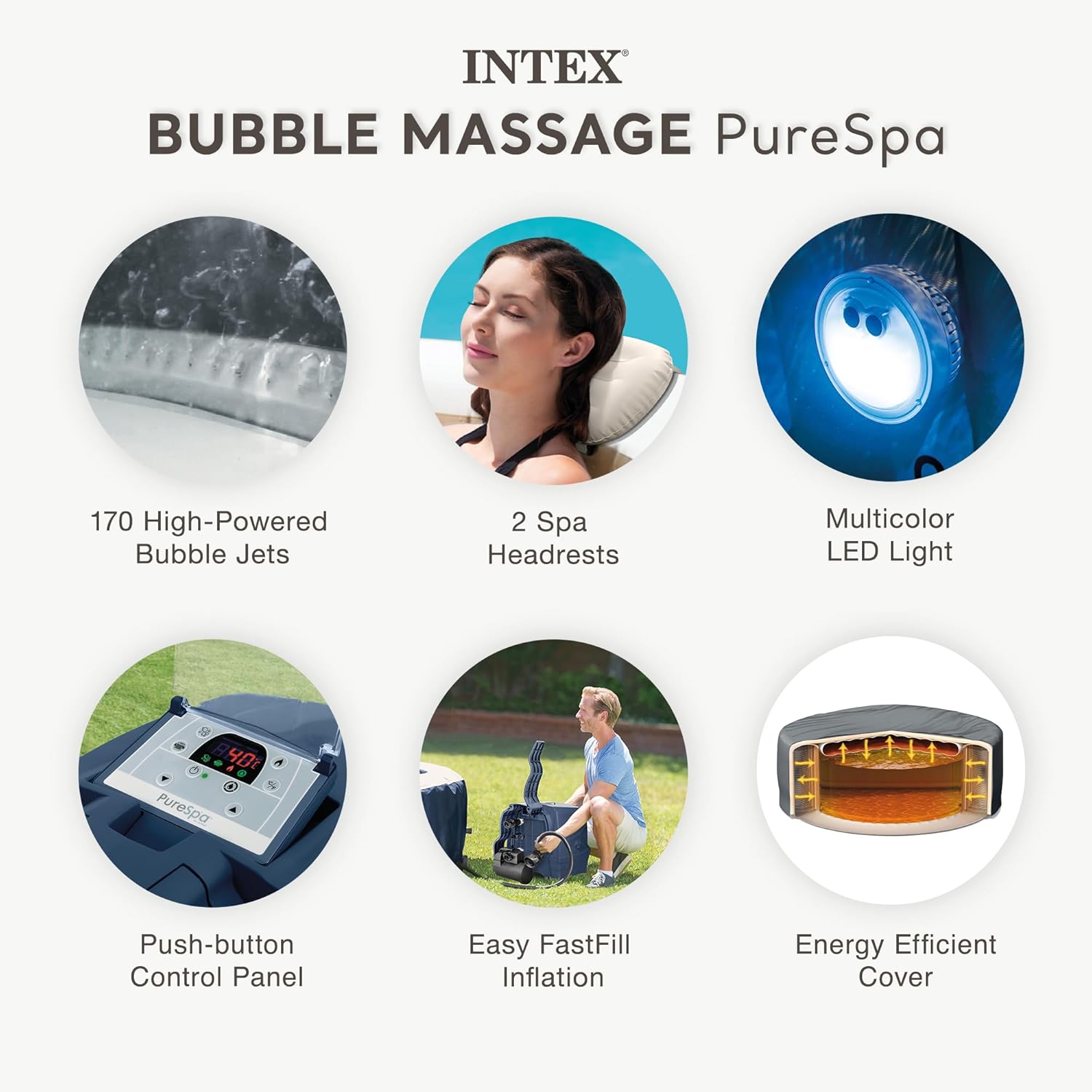 INTEX PureSpa Plus 6 Person Round Inflatable Hot Tub, Bubble Massage Spa Set, Energy Efficient & Saltwater Compatible (Cell Not Included), 85 in x 28 in