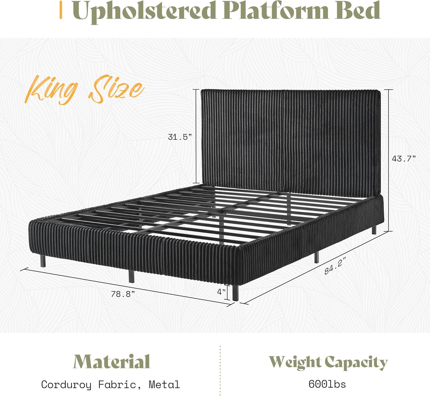 AMERLIFE King Bed Frame, Upholstered Metal Platform Bed with Vertical Channel Tufted Headboard, Soft Fabric & Strong Metal Slats, Noise-Free/Easy Assembly, Black King Upholstered Bed and Headboard