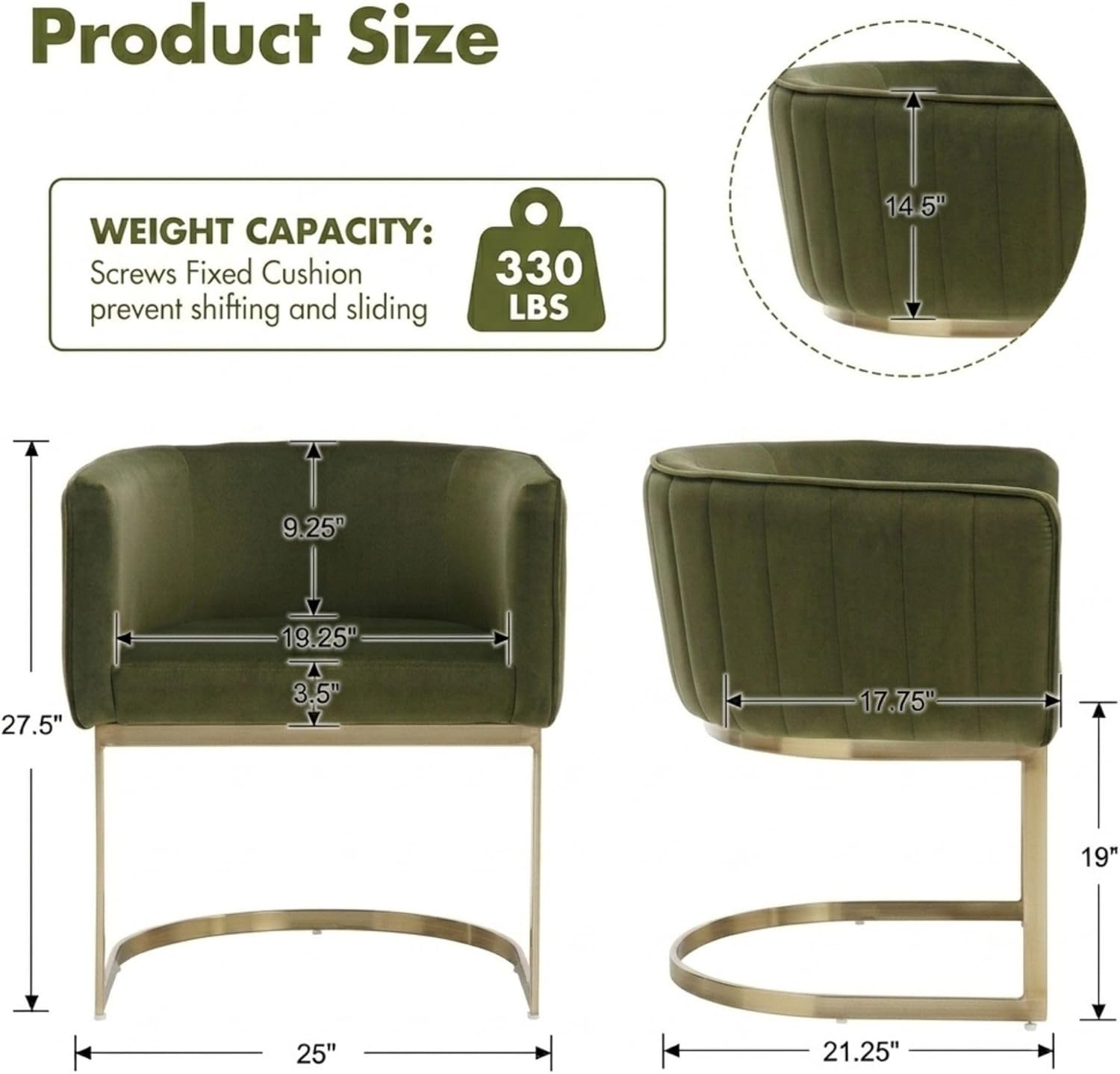 Hyfirm Olive Green and Gold Modern Barrel Dining Room Chairs Set of 4, Velvet Upholstered Accent Chairs with Curved Back for Kitchen Island, Luxury Comfort Seating Cantilever Metal Frame