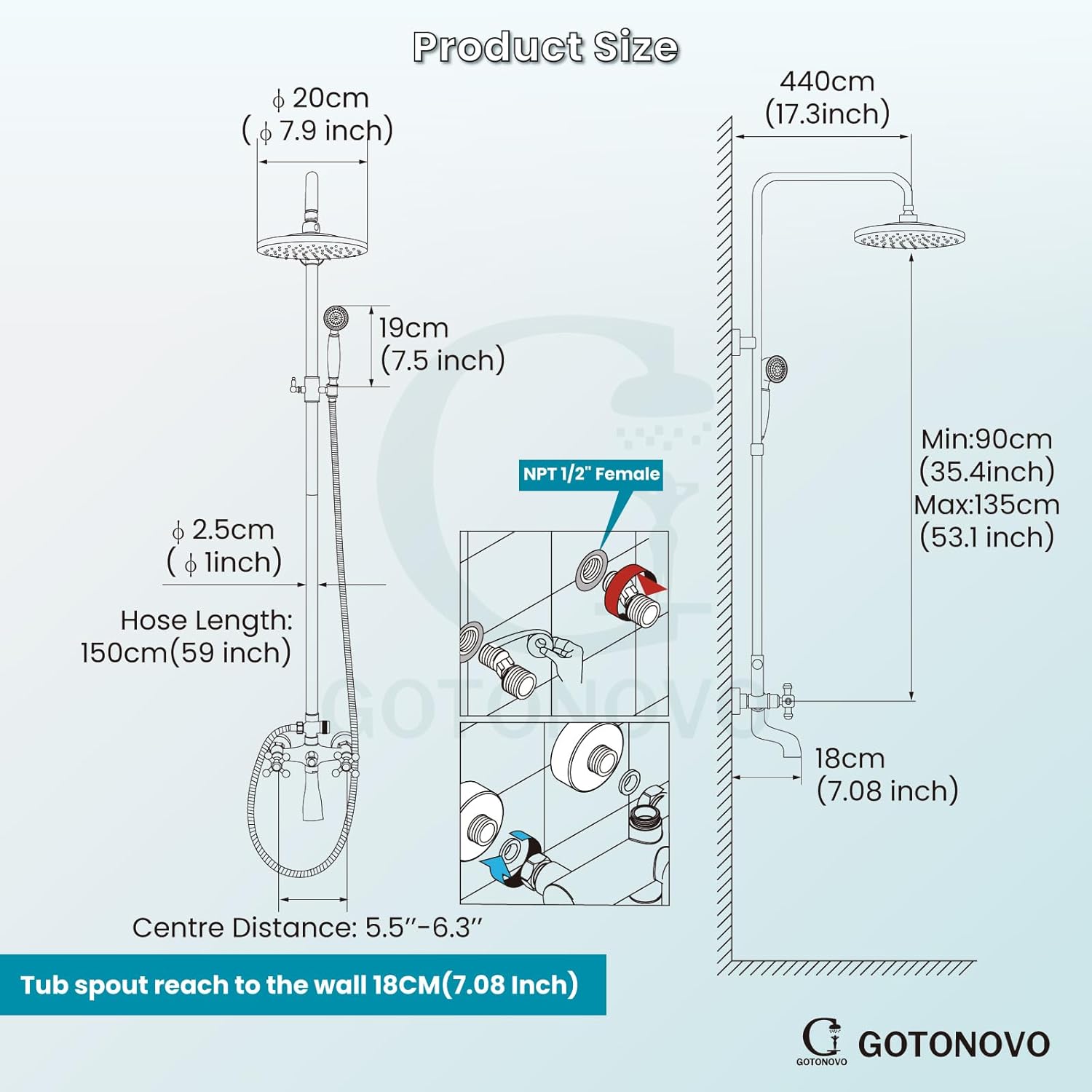 gotonovo Exposed Shower Faucet Set 8 Inch Rainfall Showerhead 3-Function Shower Fixture with Tub Spout 2 Corss Handles Shower System, Polish Gold