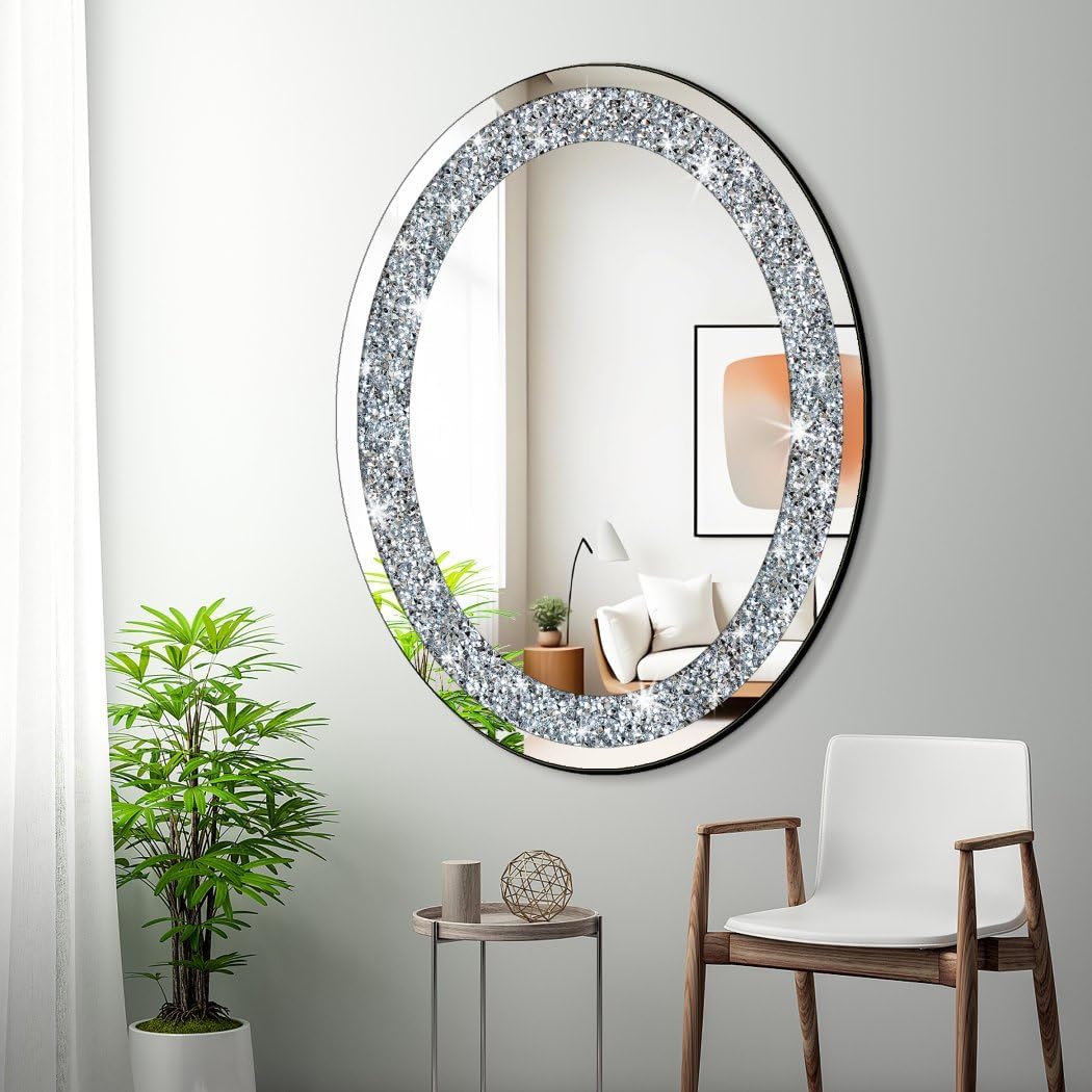 DMDFIRST Crystal Crushed Diamond Oval Shaped Silver Mirror Glam Bling for Wall Decoration 24x32x0.9inch Frameless Wall Hang Sparkly Glass Mirror Stunning Stylish Fashion Home Decor Decorative Mirror