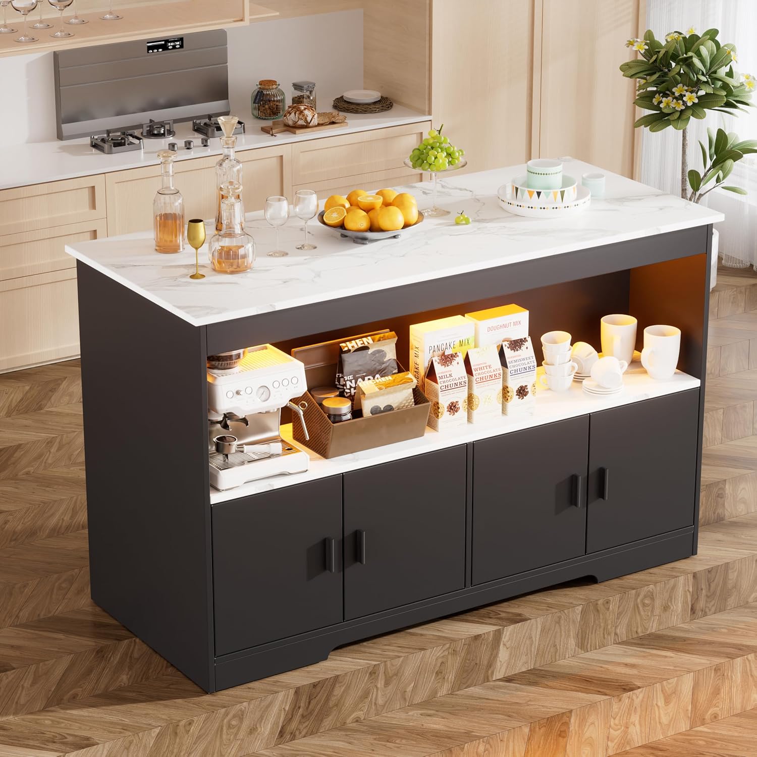 PAKASEPT 43'' Modern Kitchen Island with Storage,Imitation Marble Island Table with LED Lights & Cabinet for Kitchen, Dining Table for 4,Dining Room,Living Room,Home Bar,Black