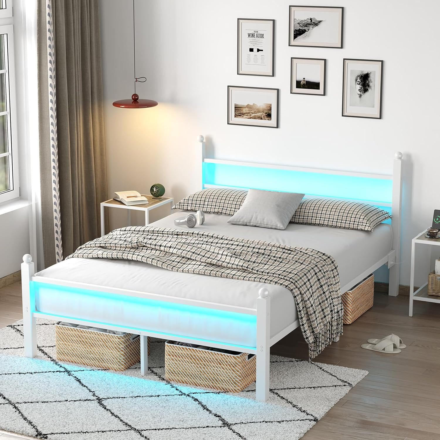 CollaredEagle Full Bed Frame with Headboard and Footboard, Metal Bed Frame with Charging Station and LED Lights, Under Bed Storage, No Box Spring Needed,Noise Free, White