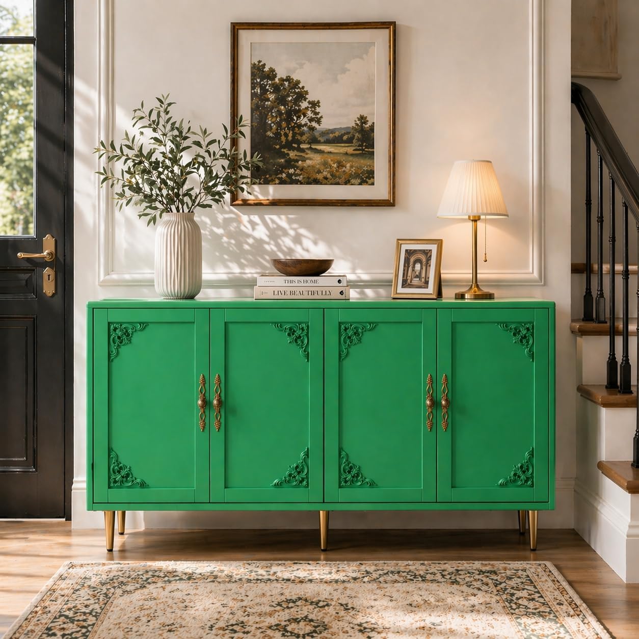AUN Sage Green Accent Cabinet with Art Deco Carving & Gold Hardware, 58