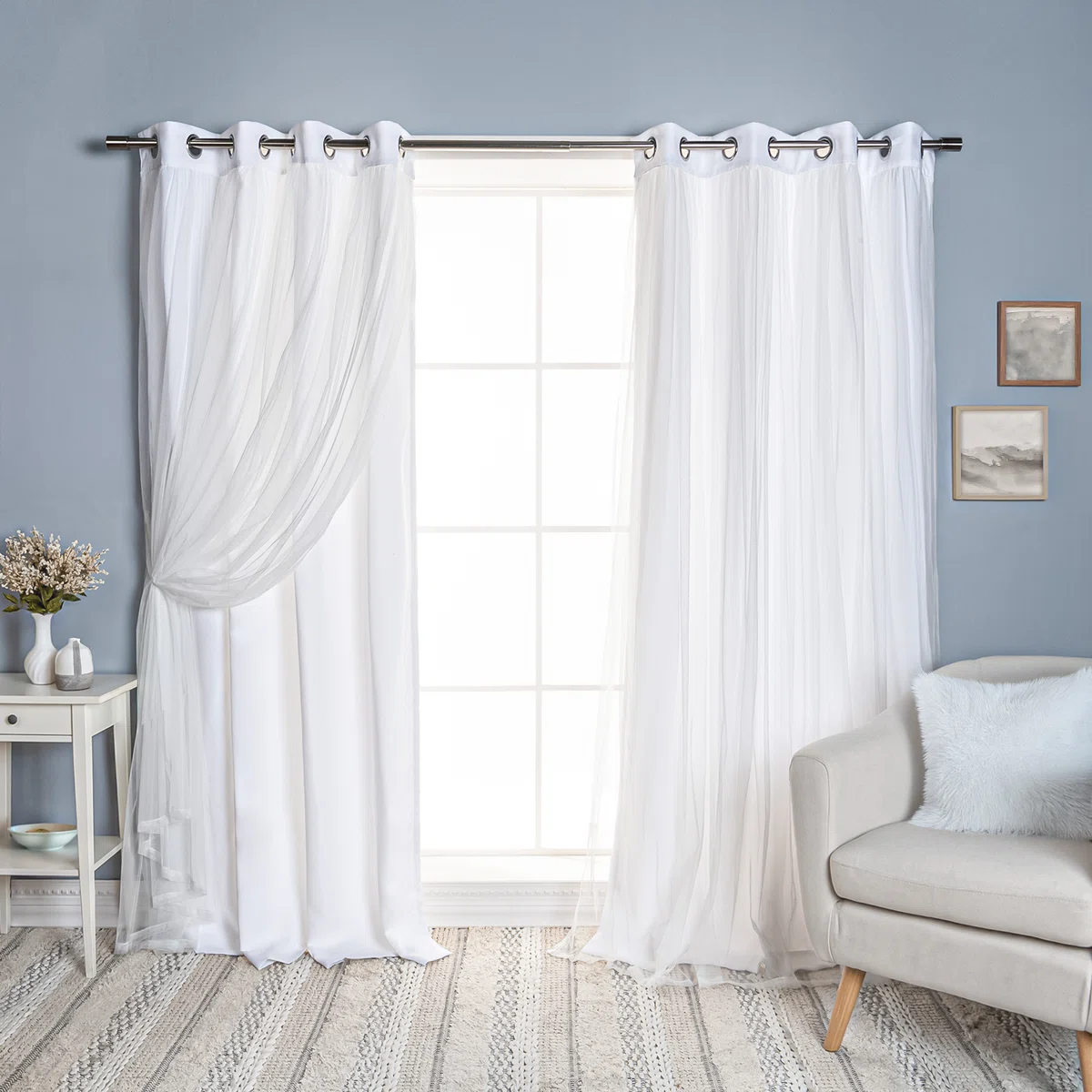 Fortuna Brockham Solid Tulle Overlay Room Darkening Grommet Curtain Panels (Set of 2)