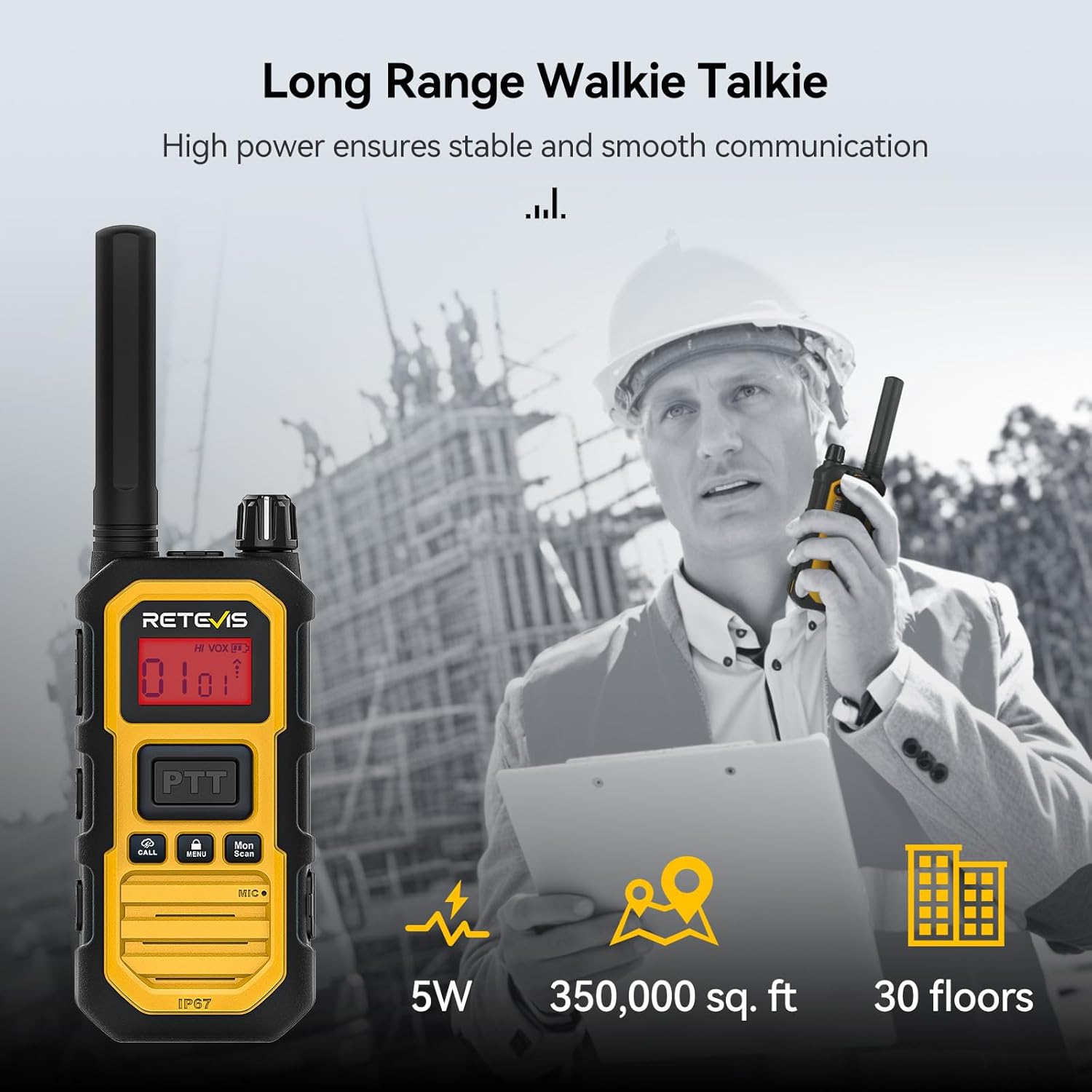 Retevis RB48 Plus Radios Walkie Talkies, IP67 Waterproof Two Way Radio Long Range, Heavy Duty 2 Way Radio, GMRS, Group Call, Vibration Alert, Emergency, for Construction Job Site(6 Pack)
