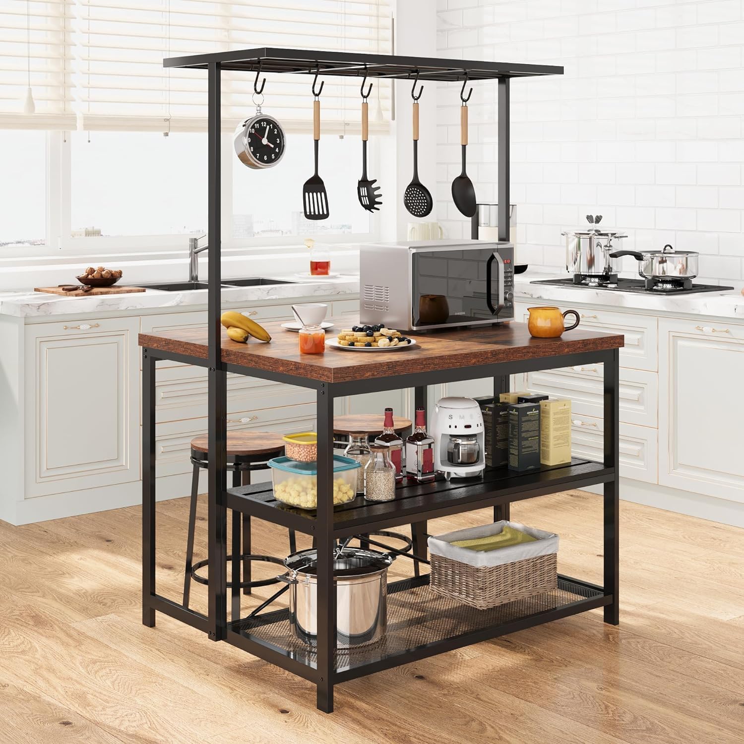 GarveeHome Kitchen Island with Storage, 42''Island Table for Kitchen with Seating Bakers Rack Microwave Oven Stand Shelf with 3 Tier Storage Shelf for Dining Room Living Room, 5 Hooks 42