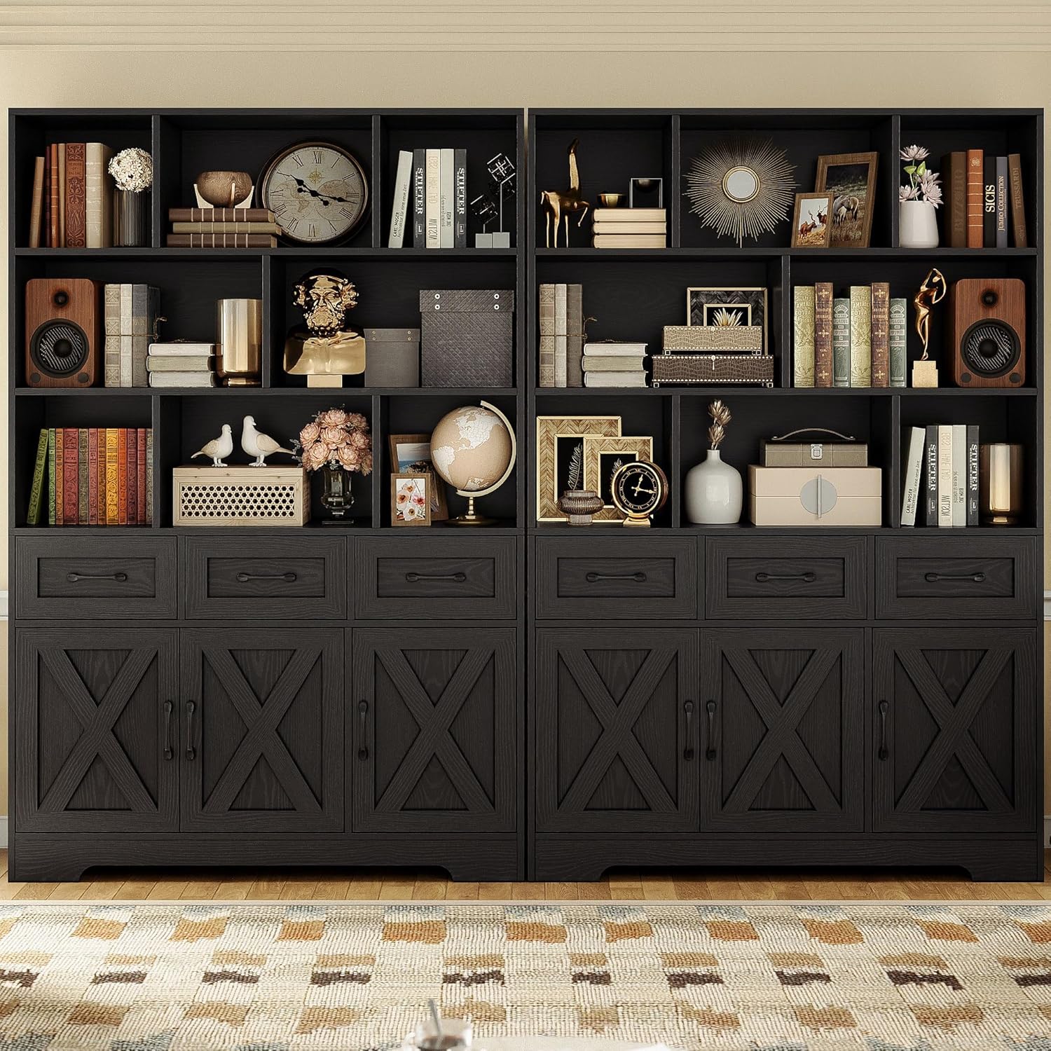 IRONCK Bookshelf with Drawers & Doors, Tall Bookshelf, Bookcase with Cabinets for Home Office, Living Room, Black