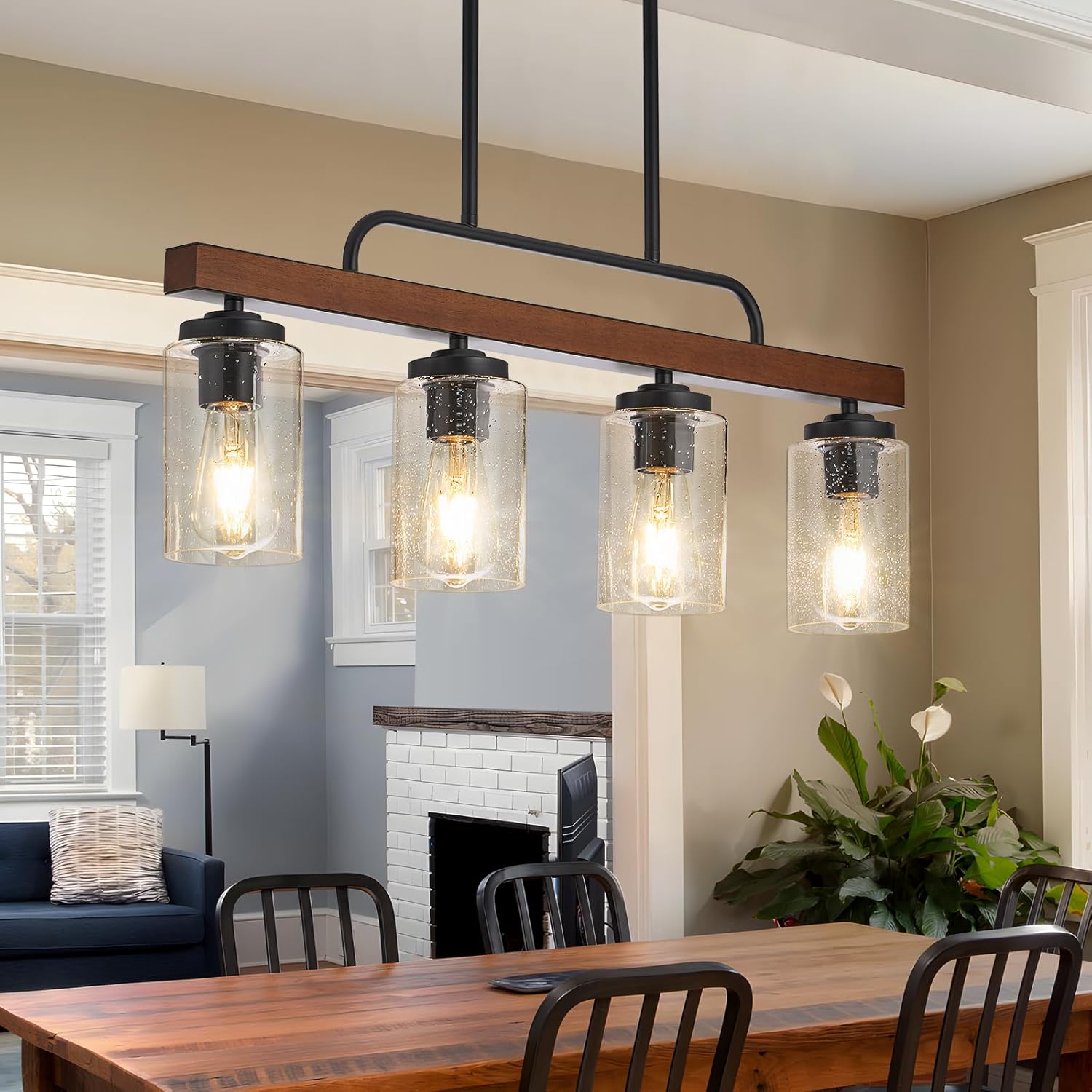 Farmhouse Dining Room Light Fixture, 4-Light Wood Kitchen Island Lighting, Industrial Chandeliers for Dining Room Over Table Black Pendant Light with Seeded Glass Shade for Bar Restaurant