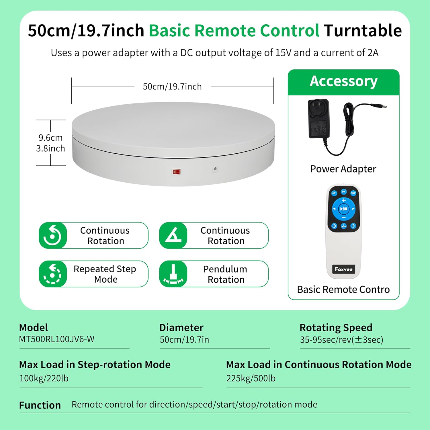 Remote-Controlled Motorized Electric Turntable,Heavy Duty Rotating Display Stand,Speed-Adjustable Rotating Platform,Multi-Mode Photography Turntable for 3D Scan,Photography(19.7in/White)