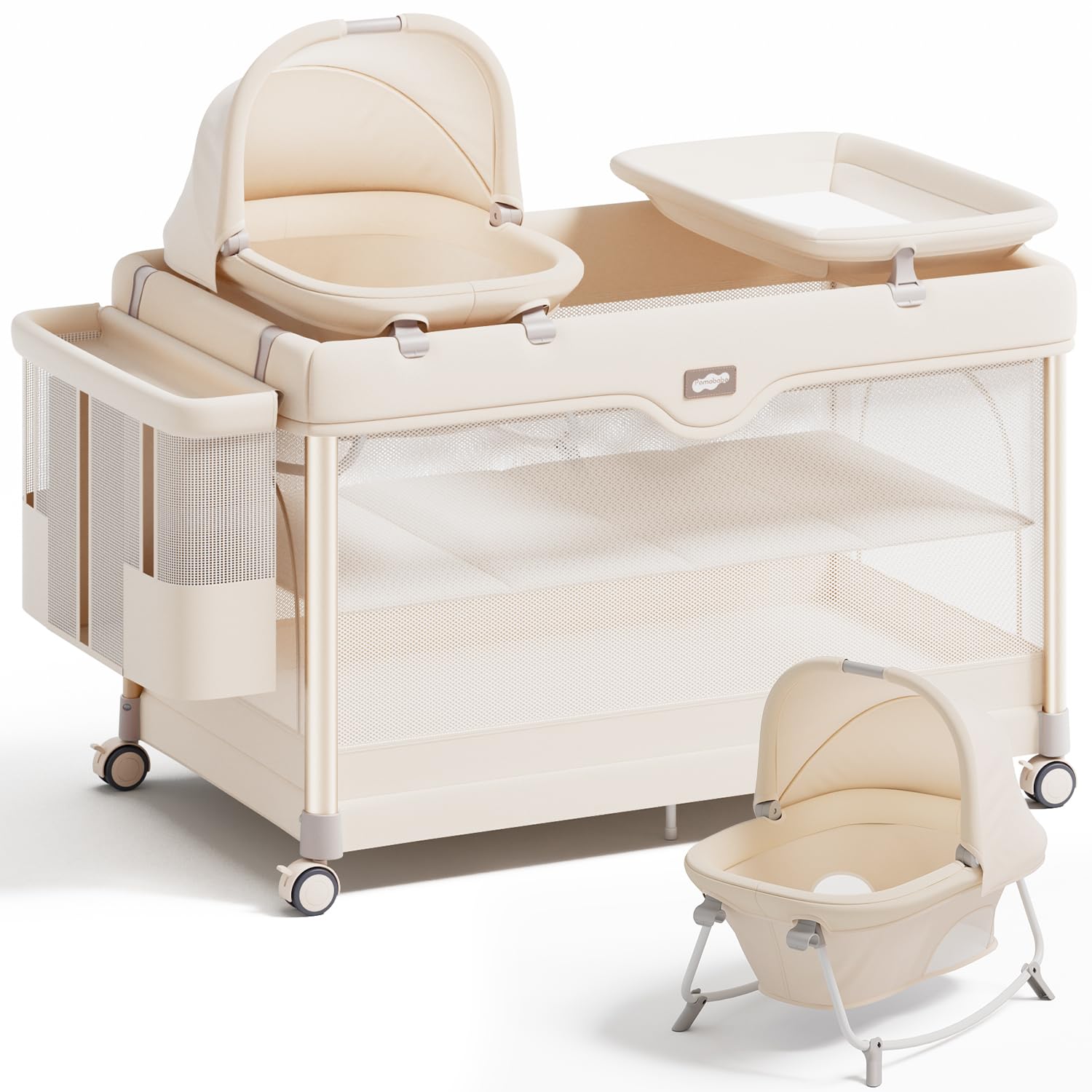 Pamo Babe 6-in-1 Pack and Play with Bassinet, Deluxe One-Step Setup Baby Bassinet with Changing Table, Sleeper Nest, Storage Bag, 4 Wheels Portable Crib Travel Playpen for Baby and Toddler (Beige)