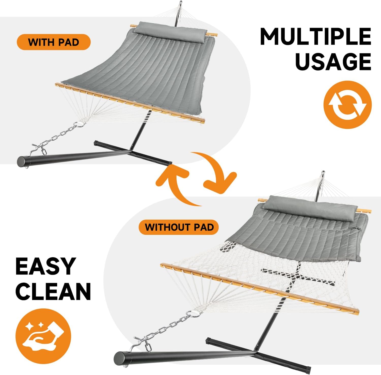 Everyfun 2 Person Outdoor Hammock with Stand, Cotton Rope Hammock with Polyester Pad, Adjustable Steel Frame, Portable with Carrying Bag – for Patio, Backyard, Garden, Beach,Dark-Gray