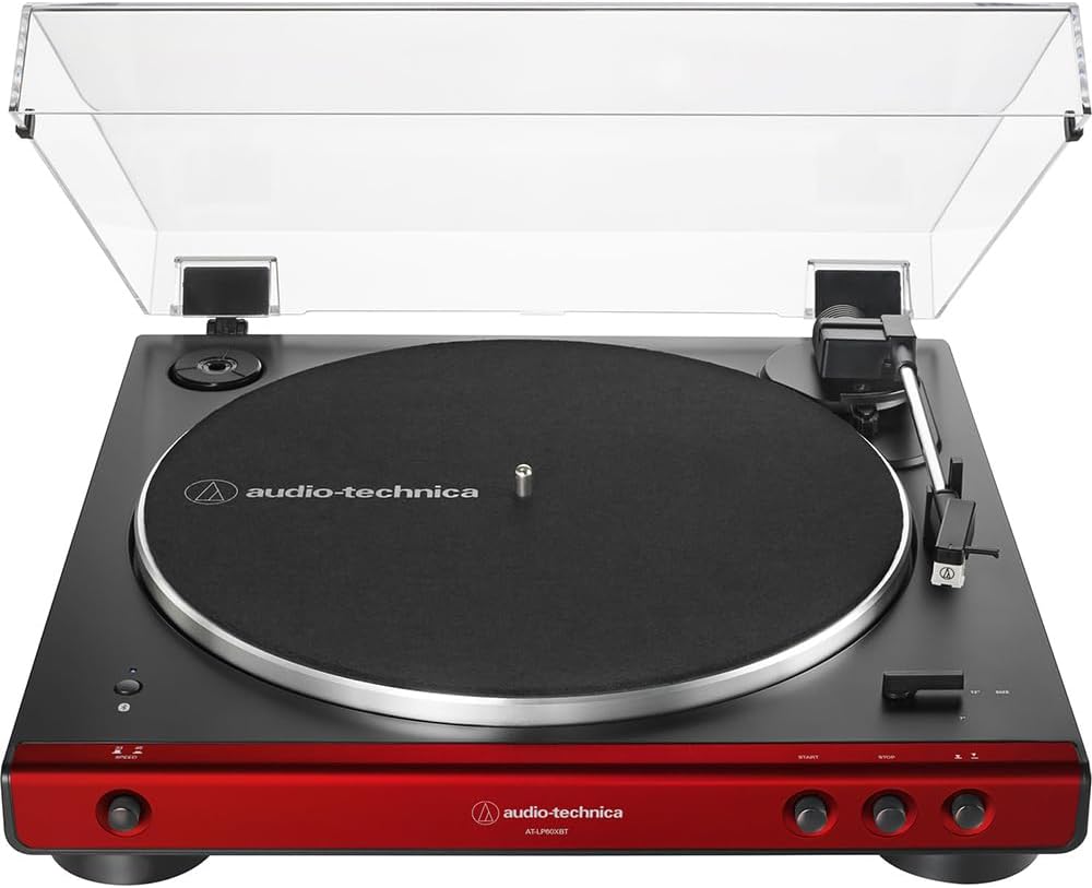 Audio-Technica AT-LP60XBT-RD Fully Automatic Belt-Drive Bluetooth Stereo Turntable, Red/Black Bundle with Record Care Solution, Deco Gear Cleaning Kit, Stroboscope and Record Stabilizer