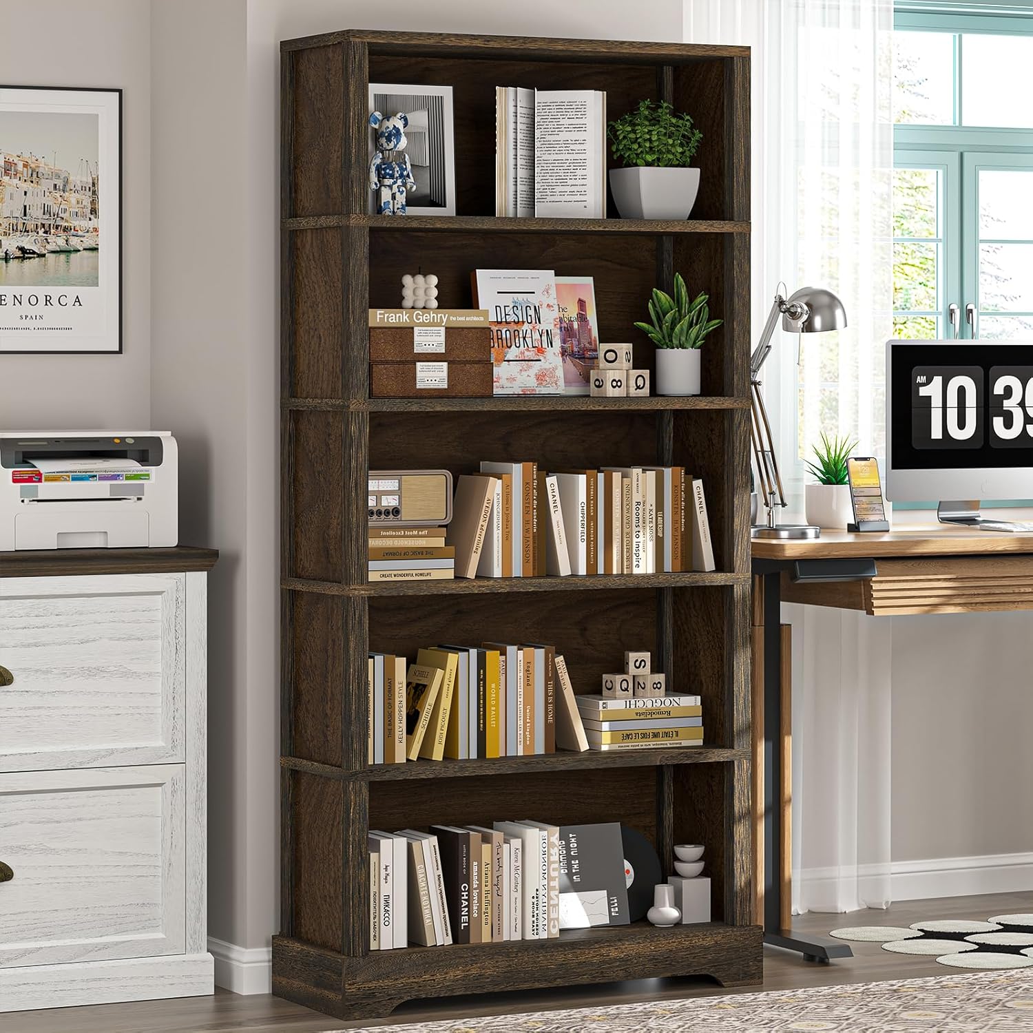 TVU 5-Tier Solid Wood Book Shelf, Floor Standing Bookcase, 65