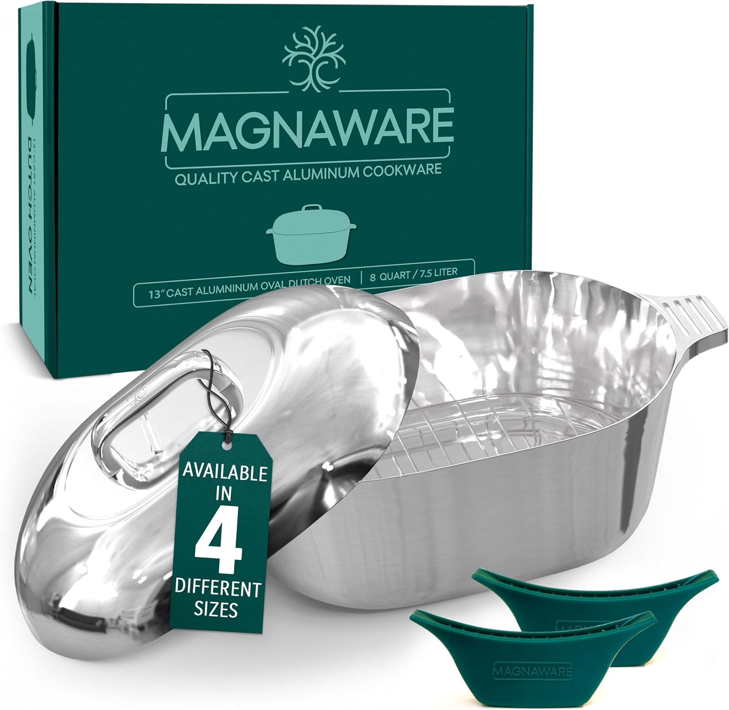 MAGNAWARE Cast Aluminum Oval Dutch Oven with Lid — 8 QT Heavy Duty Roaster Pan with Rack & Silicone Cover Dual Handles — Cajun Cookware for Roasting, Baking, Cooking (13