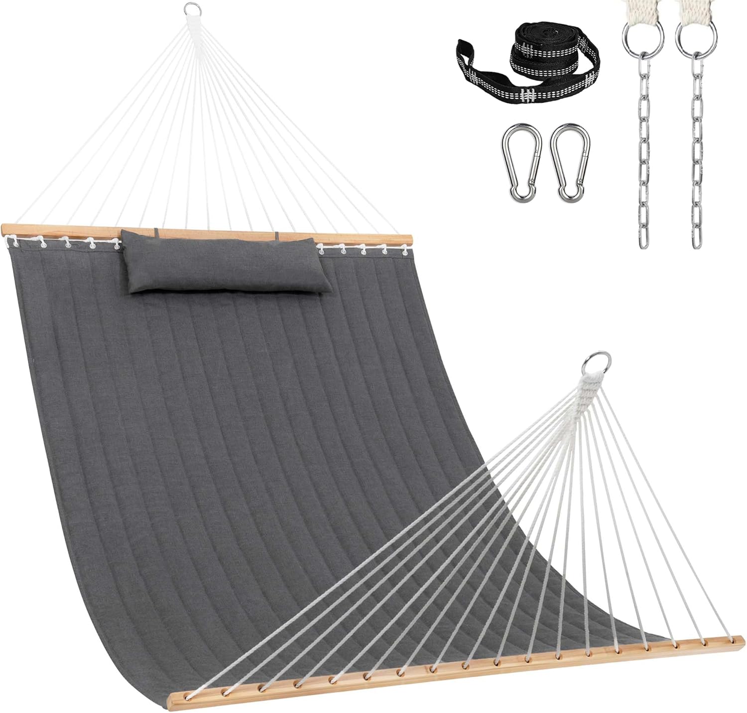 Lazy Daze Hammocks 12 FT Sunbrella Fabric Quilted Hammock Double Sunbrella Quilted Hammock with Spreader Bars & Pillow, All Weather and Fade Resistant for Outdoor, 450 lbs Capacity, Cast Slate
