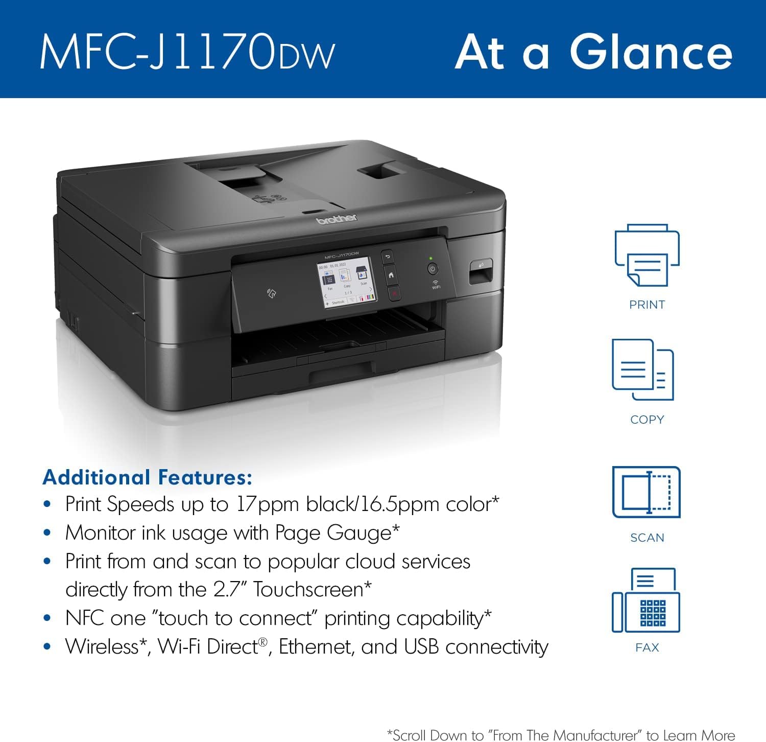 Brother MFC-J1170DW Wireless Color Inkjet All-in-One Printer, NFC One-Touch Print, Duplex, Cloud Print & Scan, Mobile App Control, 2.7